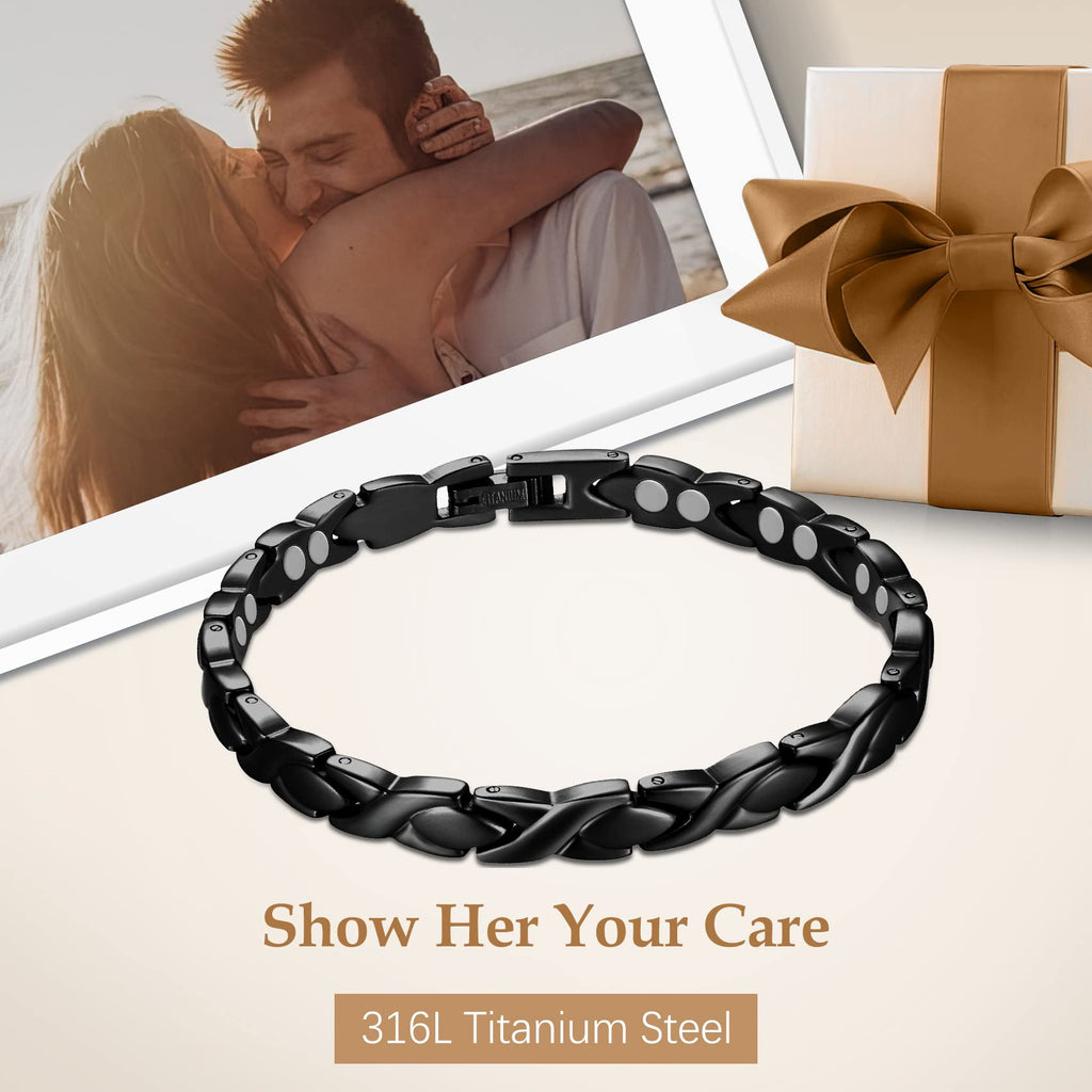 Feraco Magnetic Bracelet for Women Titanium Steel Magnetic Therapy Bracelet with Neodymium Magnets, Unique X Shape Links (Black)