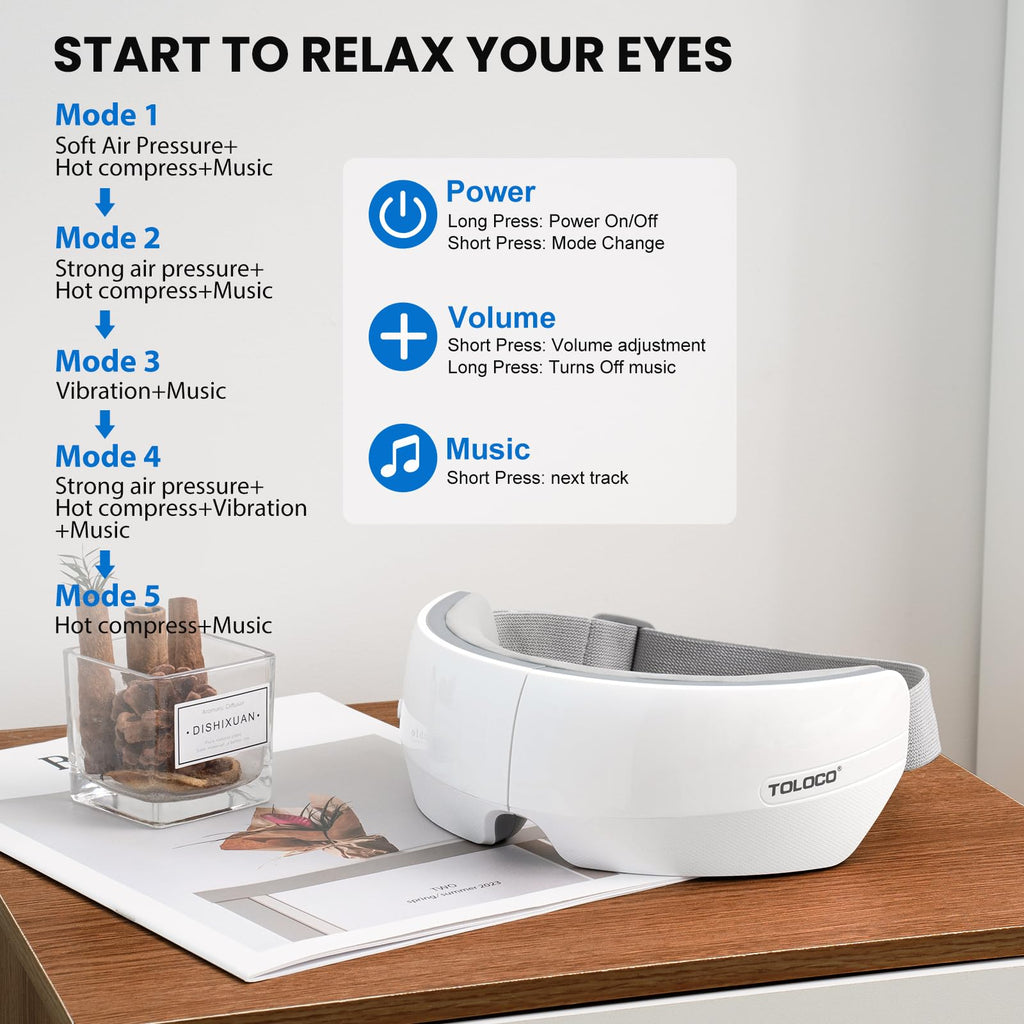 TOLOCO Eye Massager with Heat, FSA/HSA Eligible Eye Mask Massager for Migraines with Bluetooth Music, Face Massager for Eye Stra