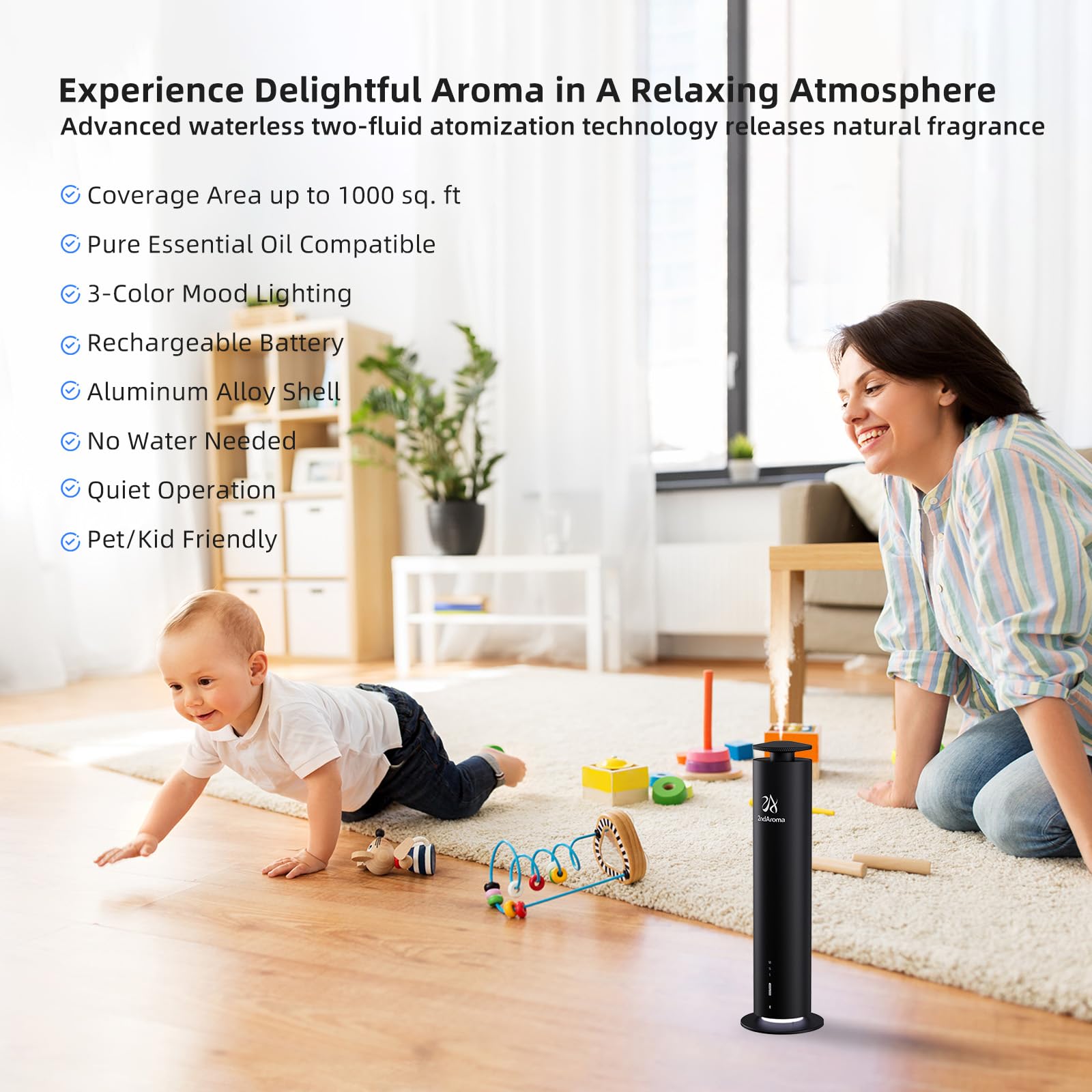 2ndAroma Waterless Scent Diffuser Starter Kit, Diffusers for Home Office Hotel 1000 Sq Ft Coverage, Cordless Essential Oil Diffu