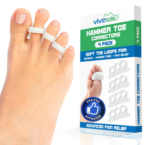 VIVEsole Hammer Toe Corrector for Men and Women (4pc) Cushioned Gel Straightener Loops - Toe Support Cushion Brace for Bunion Fo