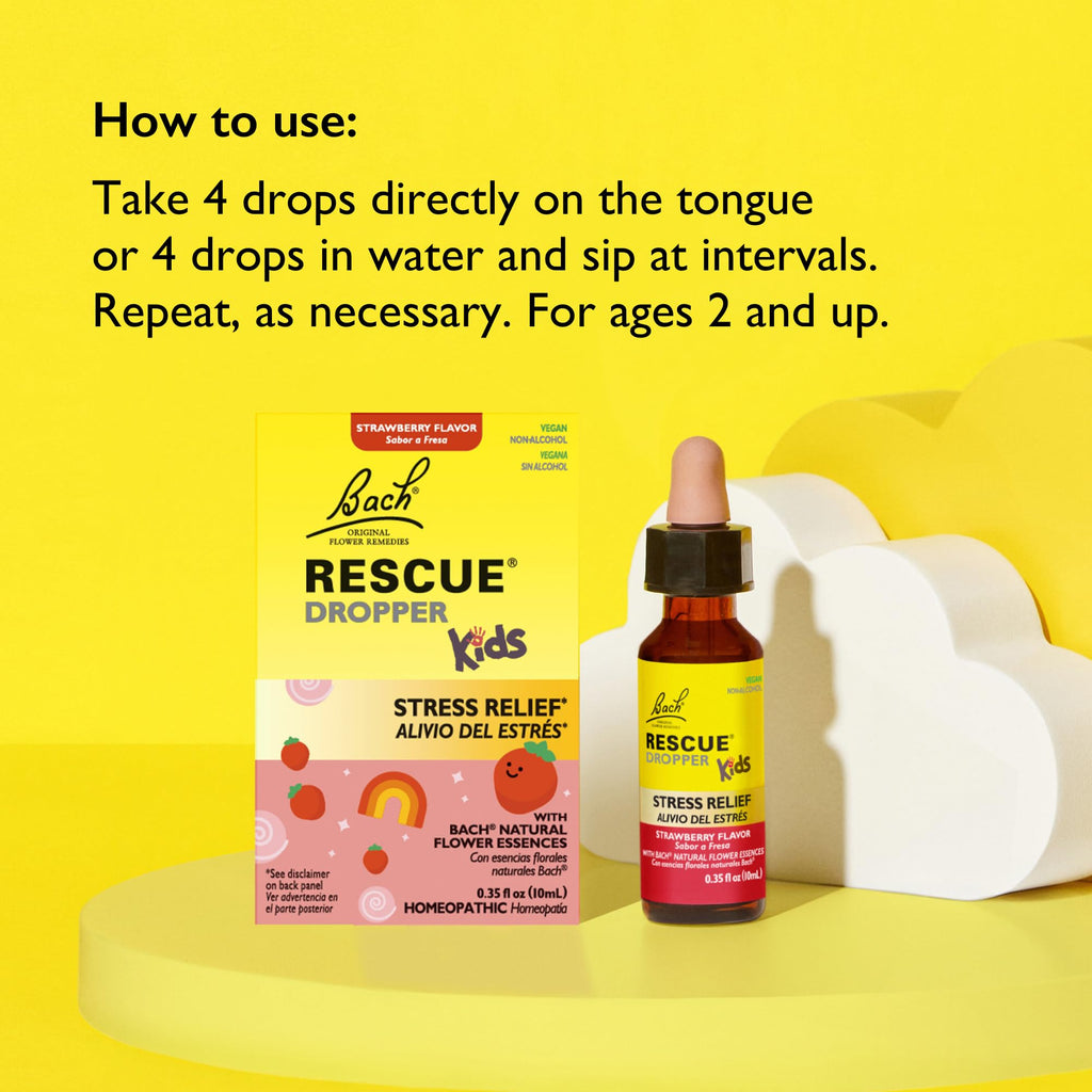 Bach RESCUE Kids Dropper, Natural Strawberry Flavor, Stress Relief for Children, Calming Aid, Homeopathic, Flower Essences, 10mL