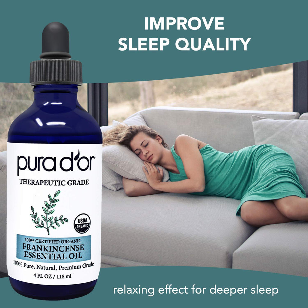 PURA DOR ORGANIC Frankincense Essential Oil (4oz with Glass Dropper) 100% Pure & Natural Therapeutic Grade For Hair, Body, Skin