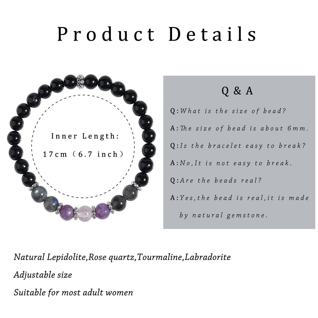 Gracayfr Anxiety Relief Bracelet Protection Black Tourmaline Labradorite Lepidolite Rose Quartz Healing Crystal Grief Support Gi