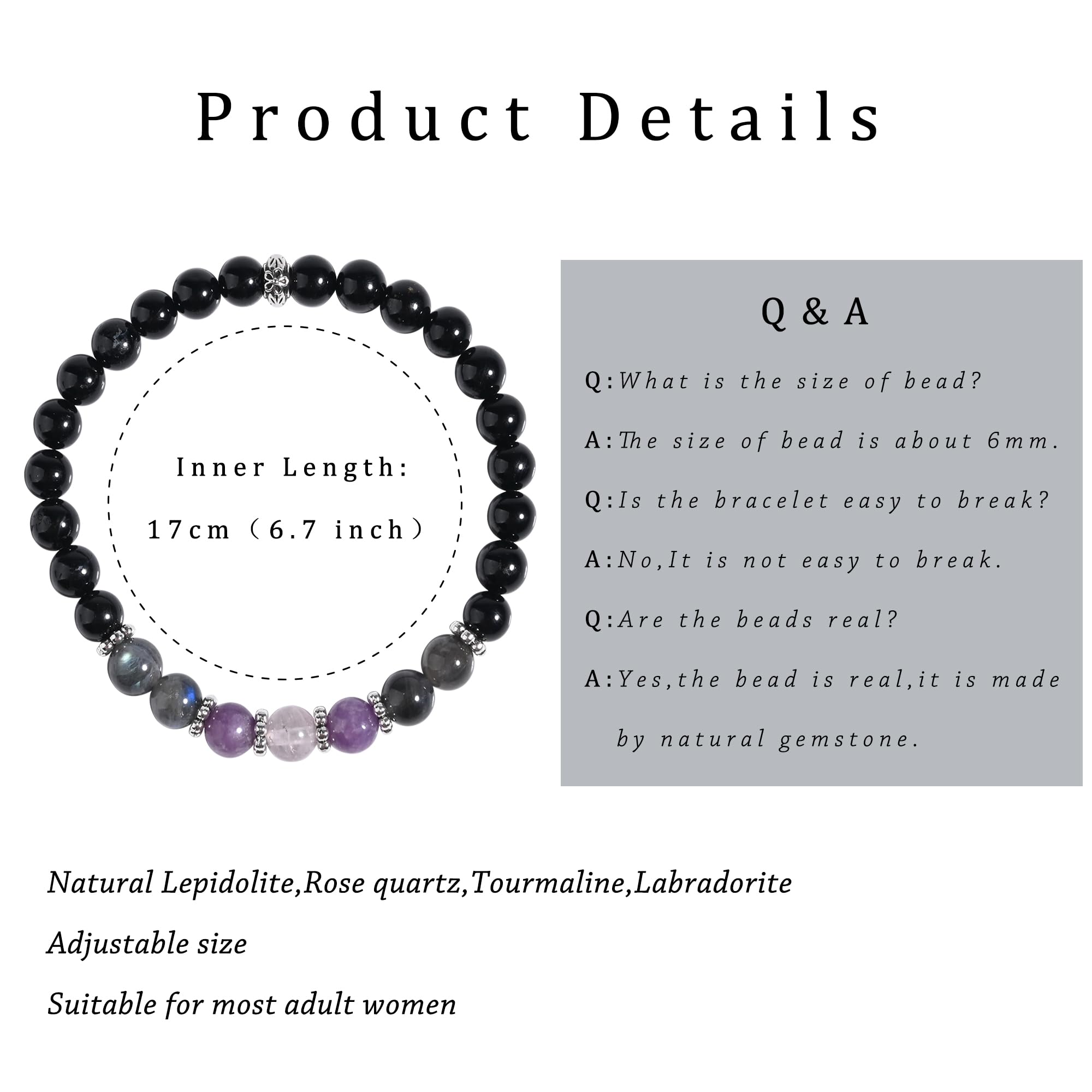 Gracayfr Anxiety Relief Bracelet Protection Black Tourmaline Labradorite Lepidolite Rose Quartz Healing Crystal Grief Support Gi
