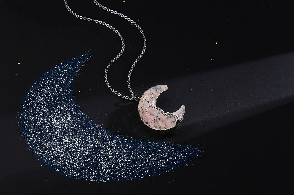 MAIBAOTA Rose Quartz Necklace Healing Crystal Stones Tree Life Wire Wrapped Crescent Moon Phase Pendant Necklace Mothers Day Gif