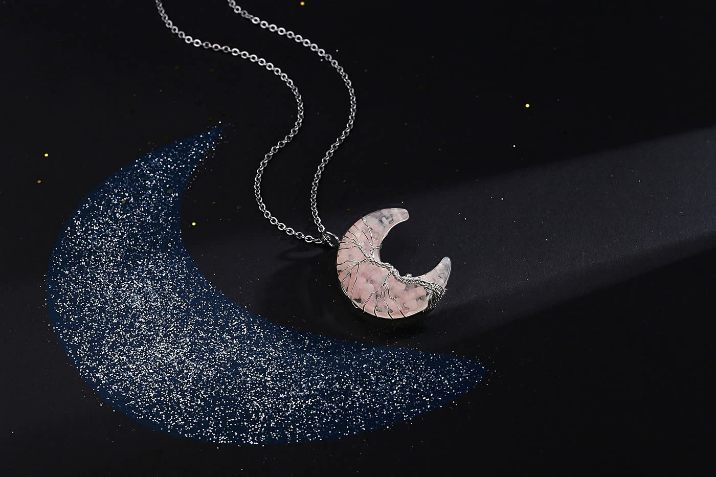 MAIBAOTA Rose Quartz Necklace Healing Crystal Stones Tree Life Wire Wrapped Crescent Moon Phase Pendant Necklace Mothers Day Gif