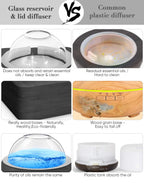 Glass Dome Essential Oil Diffuser with Glass Reservoir & Wood Base-Plastic Free, 200ml Ultrasonic Glass Diffuser for Aromatherap