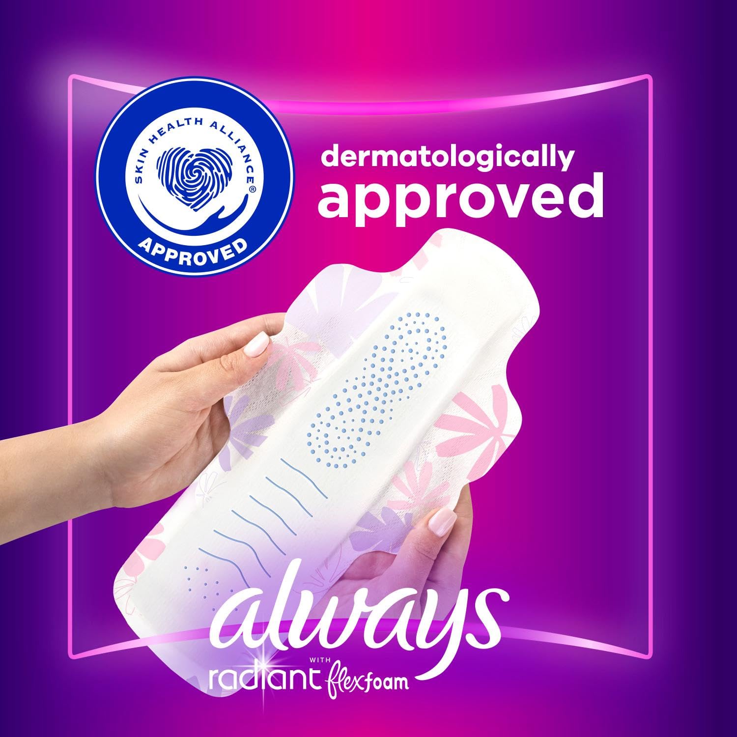 Always Radiant FlexFoam Pads for Women, Size 4, Overnight Absorbency, 100% Leak & Odor Free Protection is possible, with Wings,
