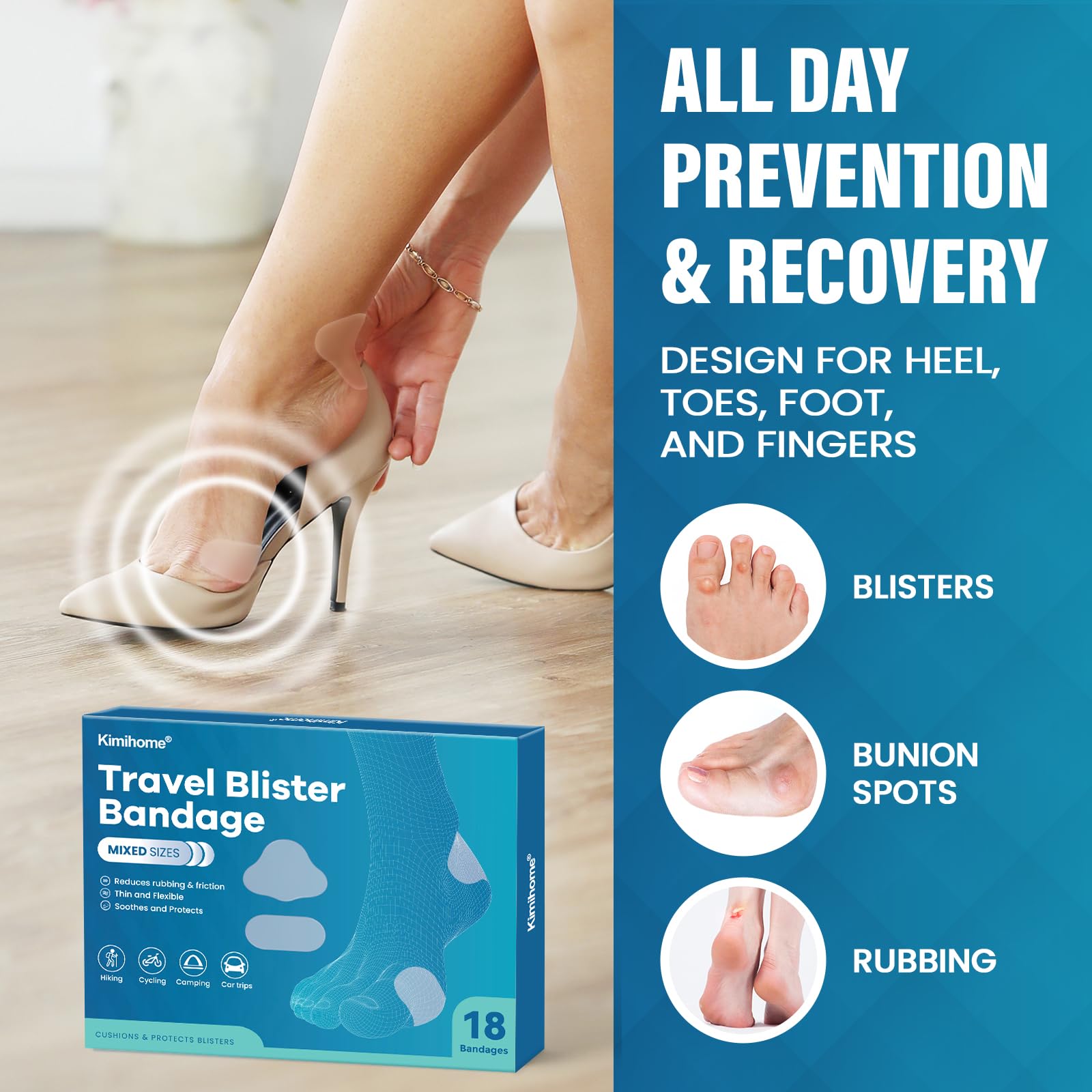 Kimihome Hydrocolloid Blister Bandages for Feet, Blister Pads for Prevention & Recovery, Travel Essentials, Thin, Flexible and N