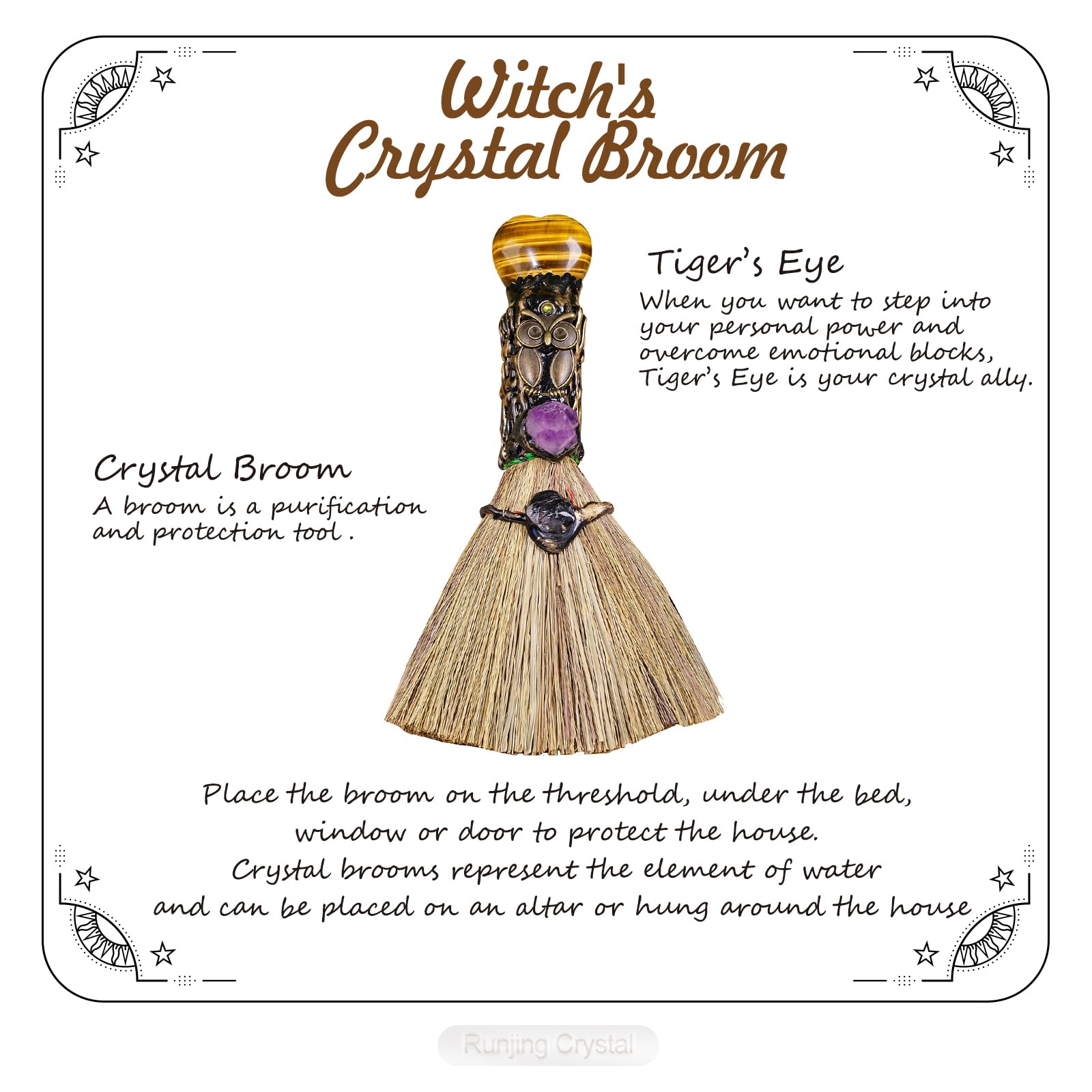 Witch Cinnamon Broom Tiger's Eye Magic Broom - Natural Healing Crystal Witch Broom for Reiki Cleansing Handmade Home & Office De