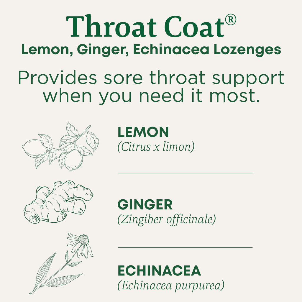 Traditional Medicinals Lozenges, Organic Throat Coat Lemon Ginger Echinacea, Sore Throat Support, 16 Individually Wrapped Lozeng