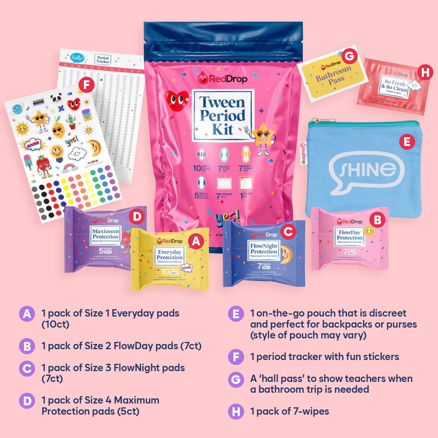 RedDrop Period Kit for Tweens - First Period Kit for Girls 9-12 - Includes 30 Everyday Pads, 14 FlowDay Teen Pads, 14 FlowNight