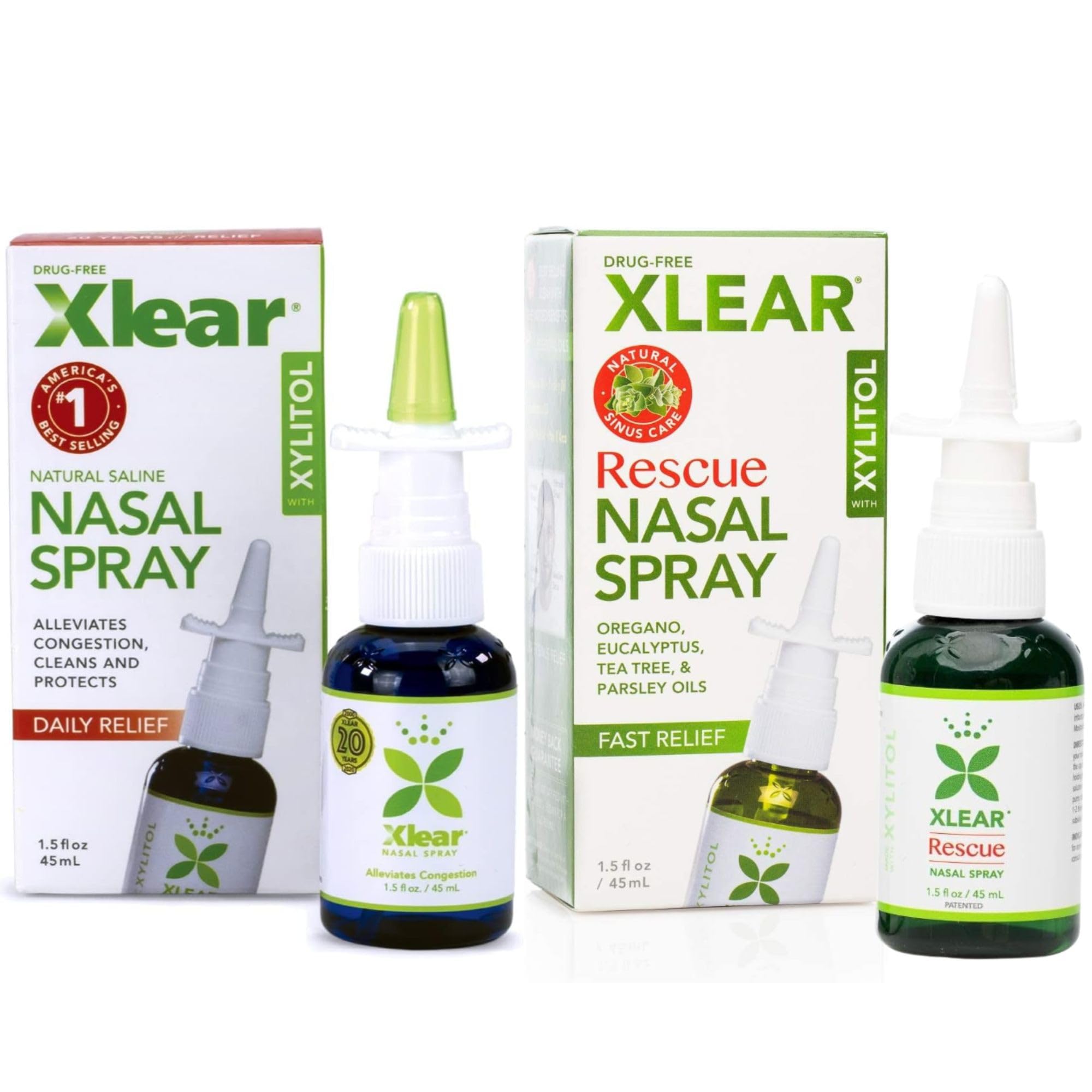 Xlear Natural Xylitol Nasal Spray, Regular and Rescue Bundle, Gentle Herbal Formula with Oregano, Tea Tree, Eucalyptus, Parsley,
