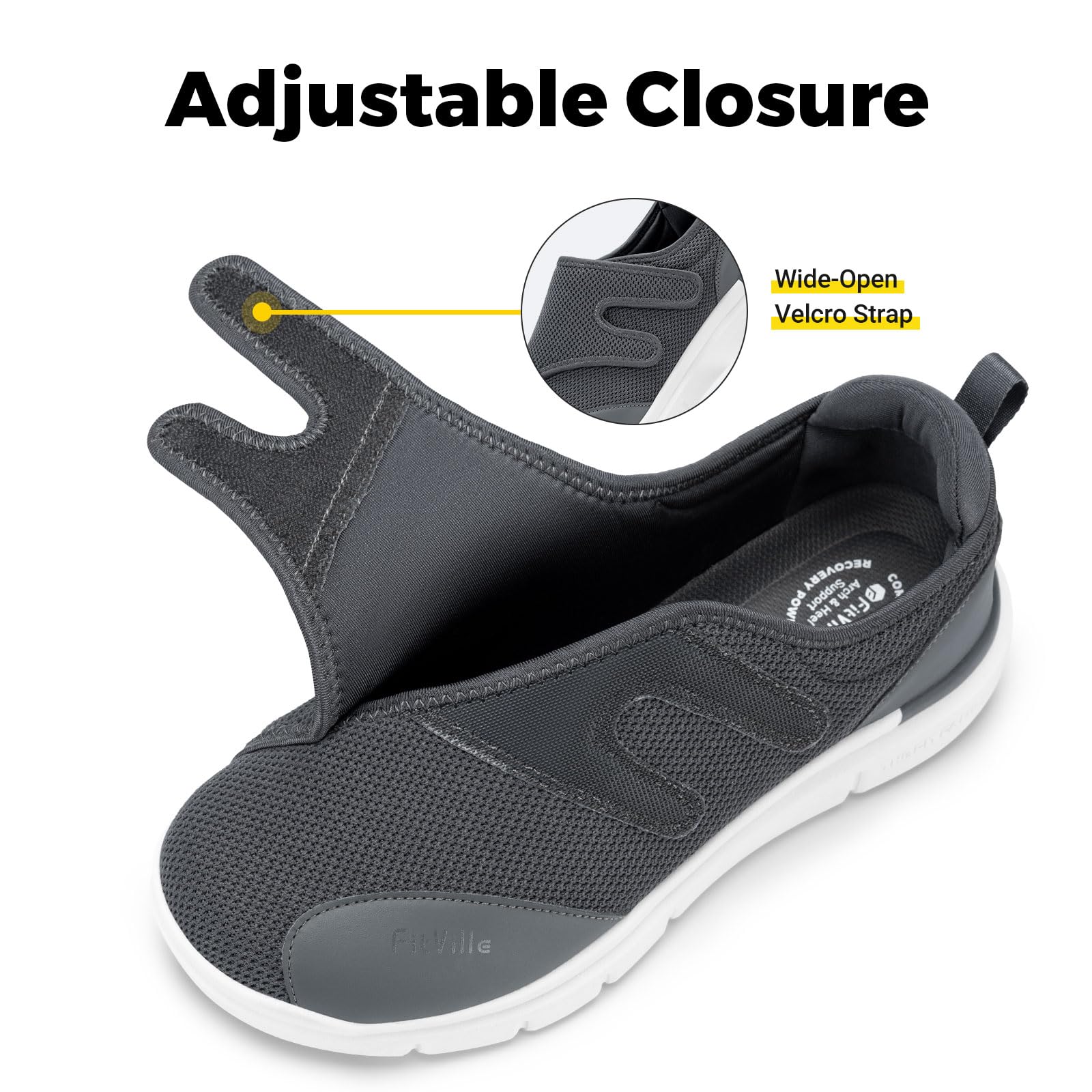 FitVille Diabetic Shoes for Men Extra Wide Width Orthopedic Slip-on Shoes Adjustable Closure Walking Sneakers with Arch Support