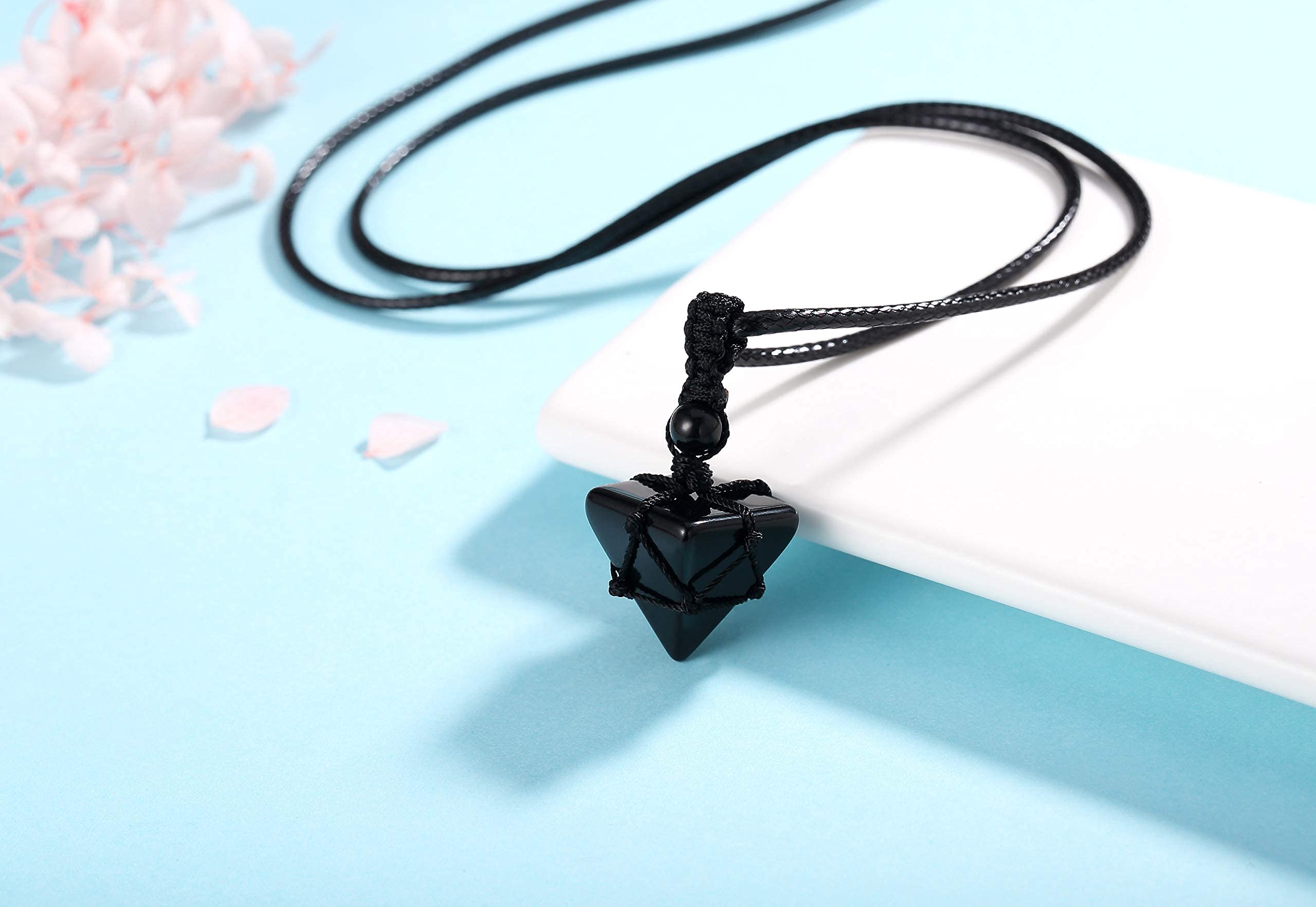 XIANNVXI Black Obsidian Healing Crystal Stone Necklace Spirtual Pyramid Gemstone Pendant Necklaces Adjustable Rope Natural Reiki