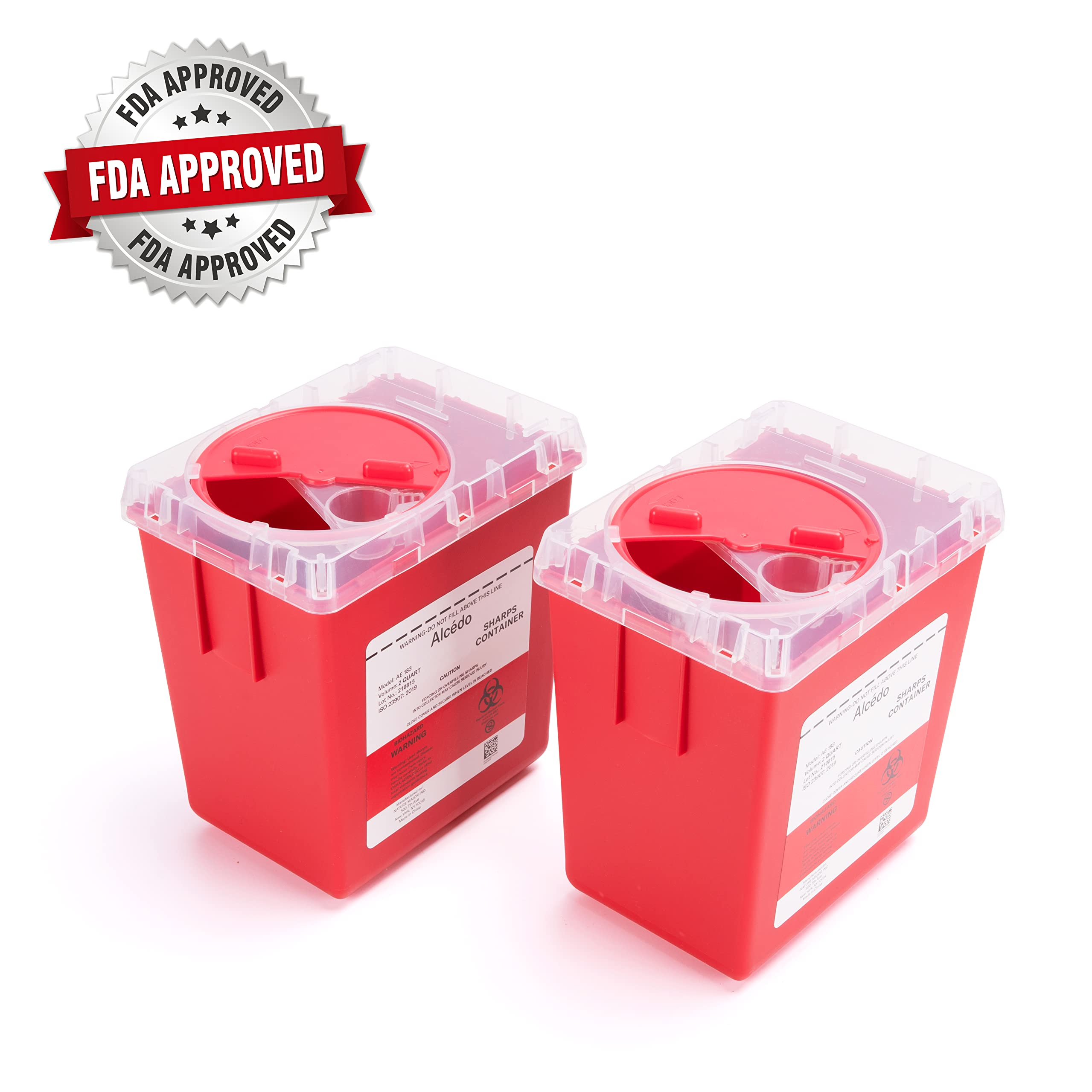 Alcedo Sharps Container for Home and Professional Use 2 Quart (3-Pack), Biohazard Needle and Syringe Disposal, Medical Grade