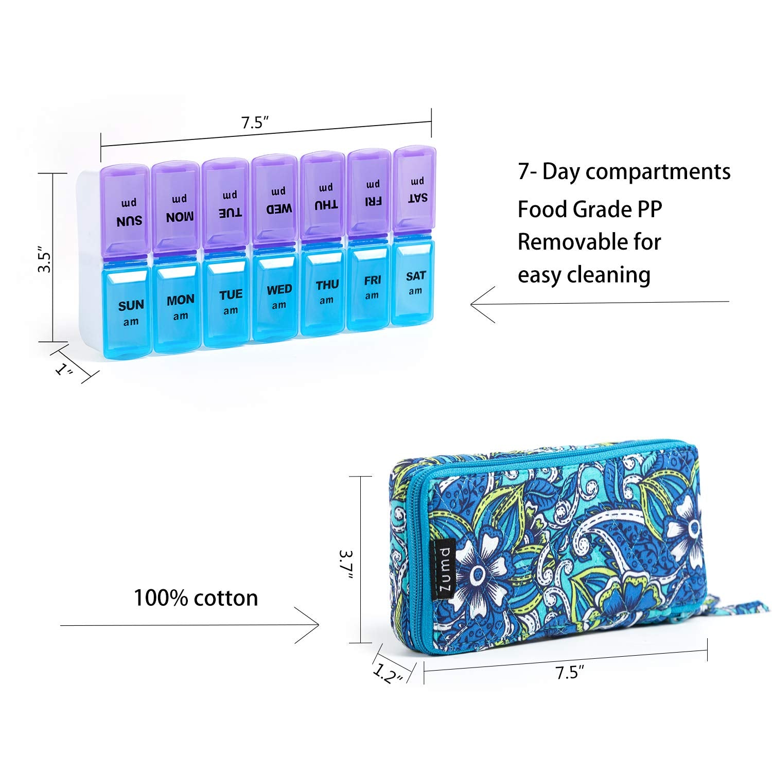 Weekly Pill Organizer 2 Times a Day, Zumd Pill Box 7 Day with Cute Quilted Fabric Zipper Case, Travel Pill Case Am Pm for Vitami