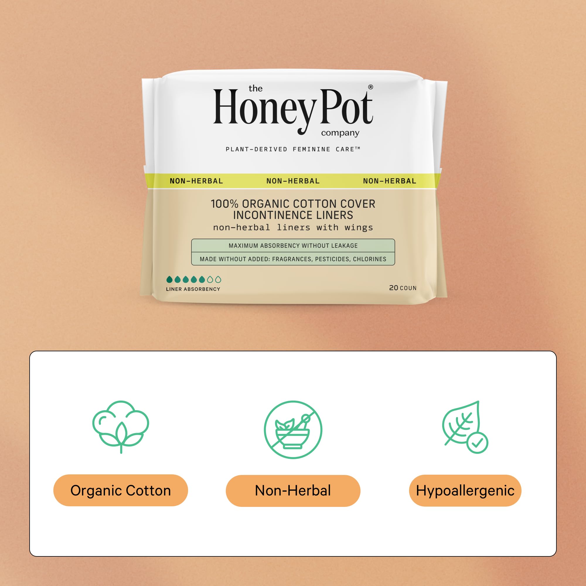 The Honey Pot Company - Incontinence Pads for Women - 80ct - Non-Herbal Panty Liners - Bladder Leak Control - Organic Cotton Cov