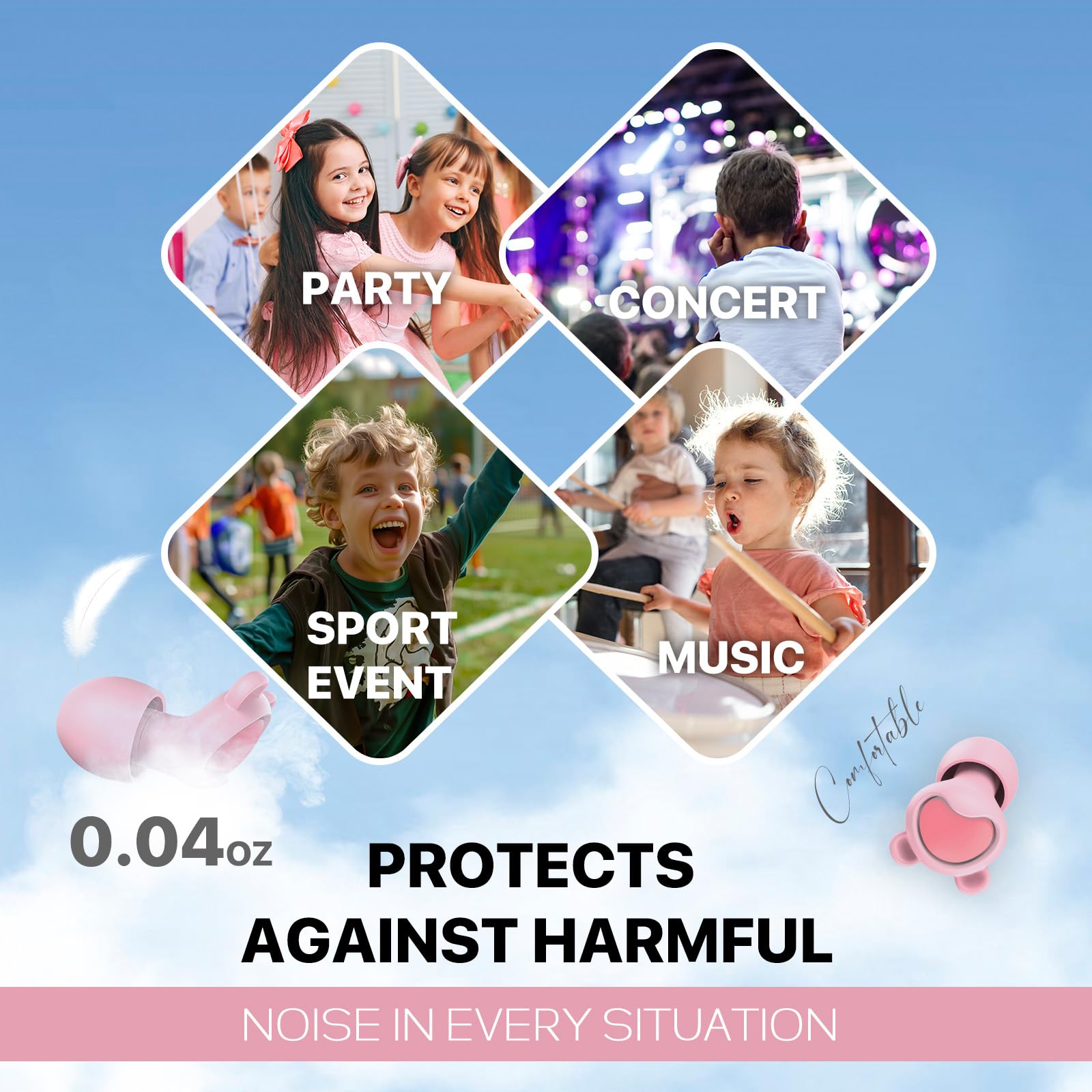 Kids Ear Plugs (6-12 yrs) - Reusable Noise Reduction Samll Earplugs for Focus, Travel, Concerts, Socializing, Events, Sleep, Noi