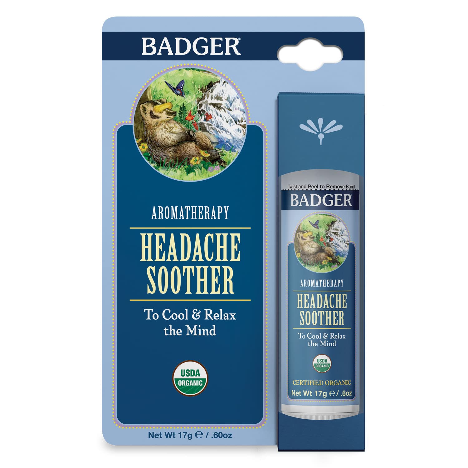 Badger - Headache Soother, Aromatherapy Balm Stick, Certified Organic, Headache Relief Aromatherapy Oil, Peppermint Eucalyptus &