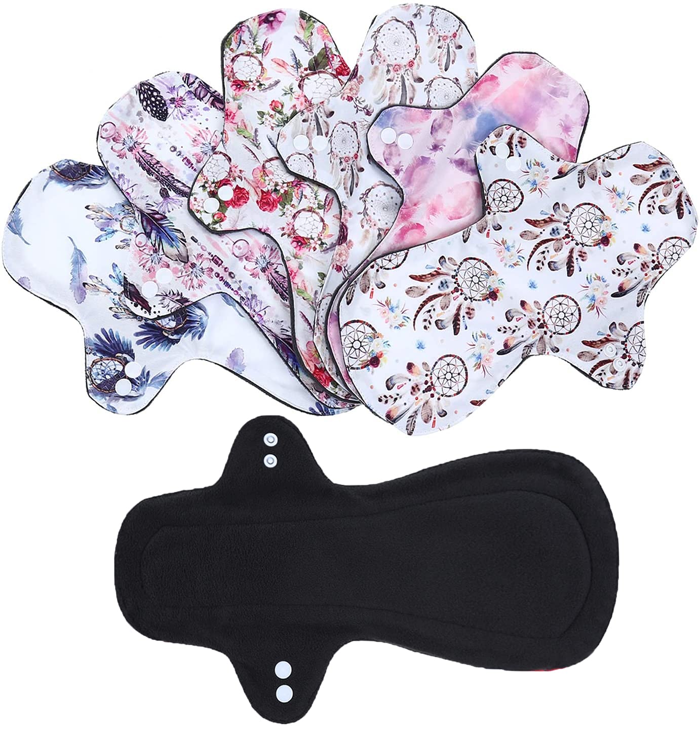 7pc Reusable Incontinence Pads Washable Cloth Pads Set Including 6PC Heavy Flow Feminine Hygiene Bamboo Charcoal Cloth Reusable