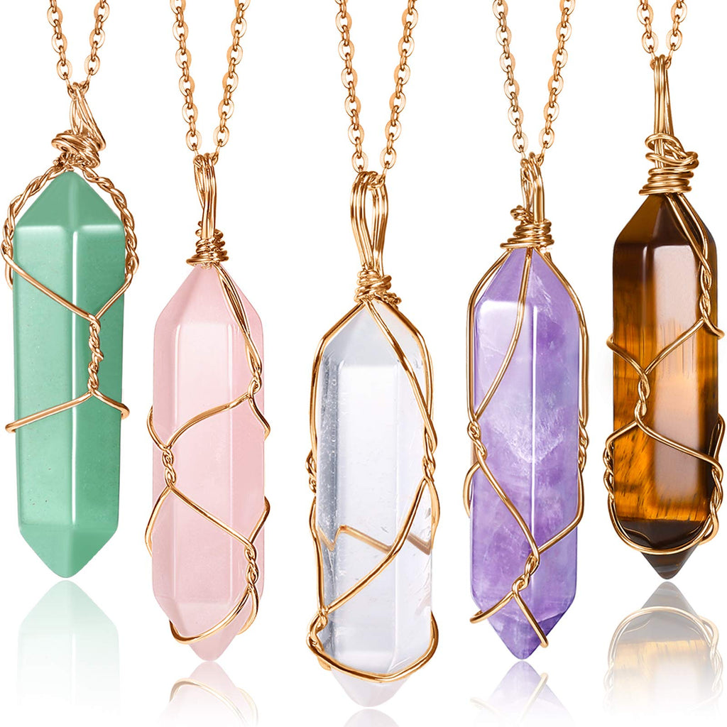 5 Pieces Crystal Necklaces, Healing Stones Spiritual Pendant Natural Gemstone Jewelry with Adjustable Chain for Women Girls (Viv
