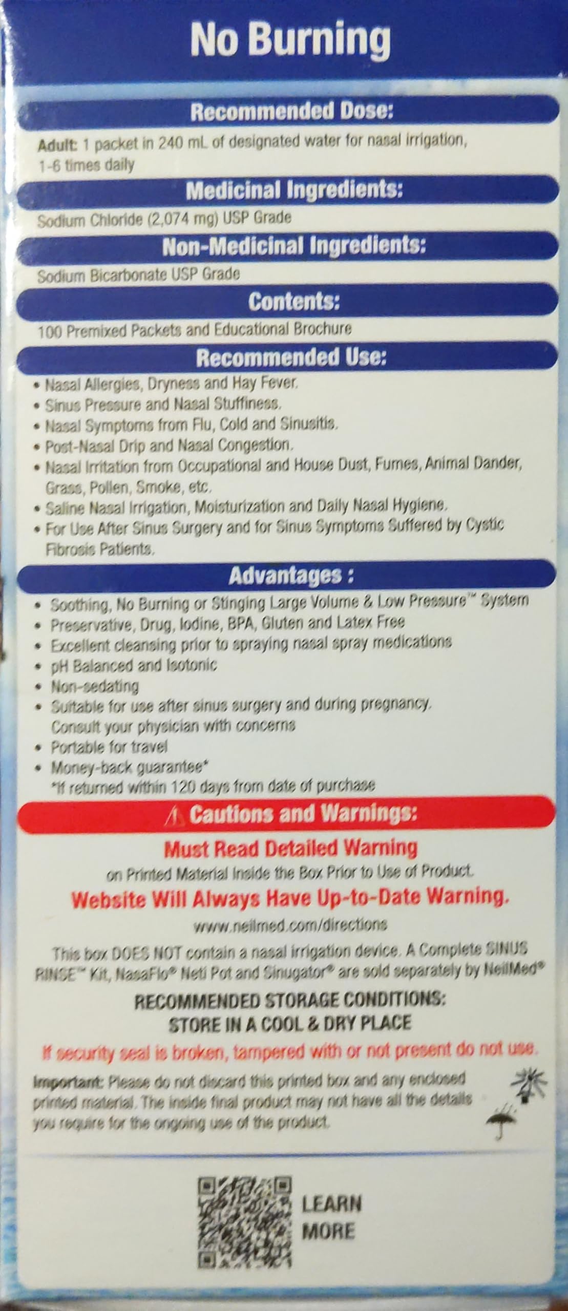 NeilMed Sinus Rinse All Natural Relief Premixed Refill Packets 100 Each