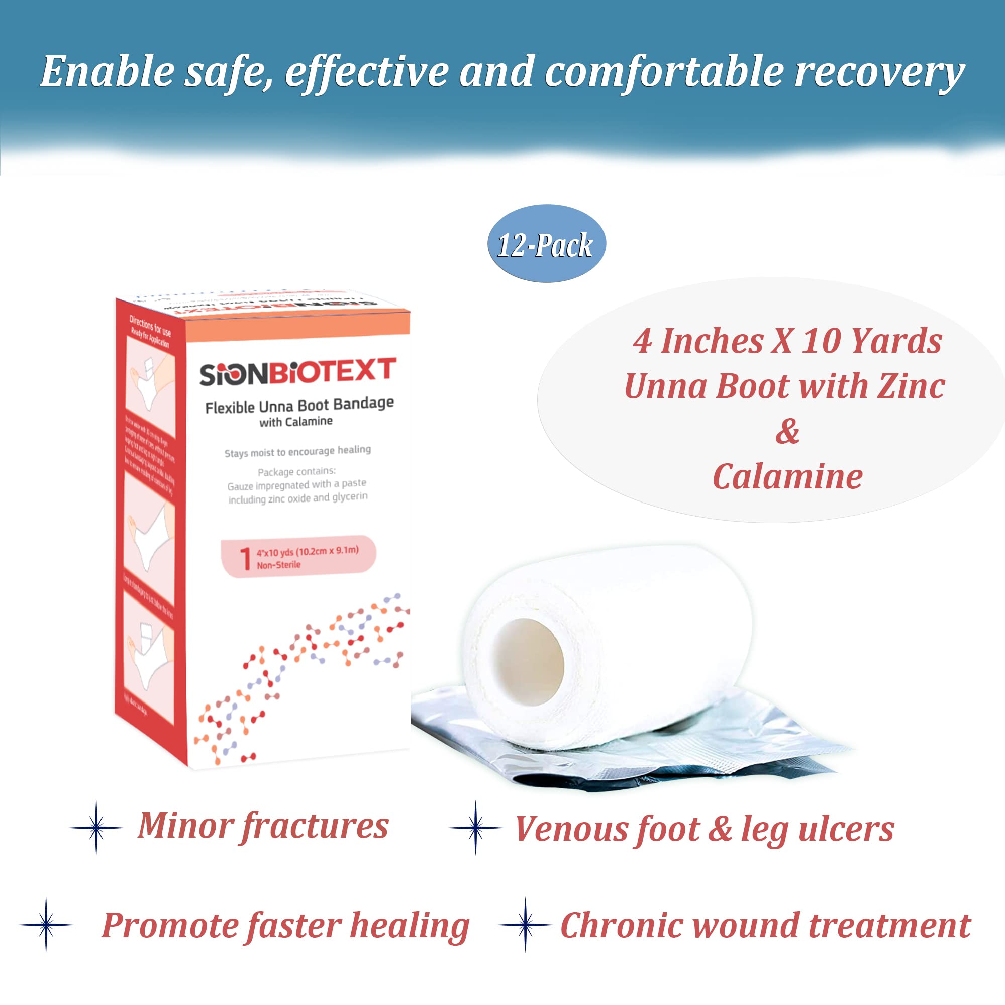 Sion Biotext Flexible Unna Boot Fabric Bandages with Zinc and Calamine, First Aid Kit Emergency Supplies, Ankle Brace Compressio