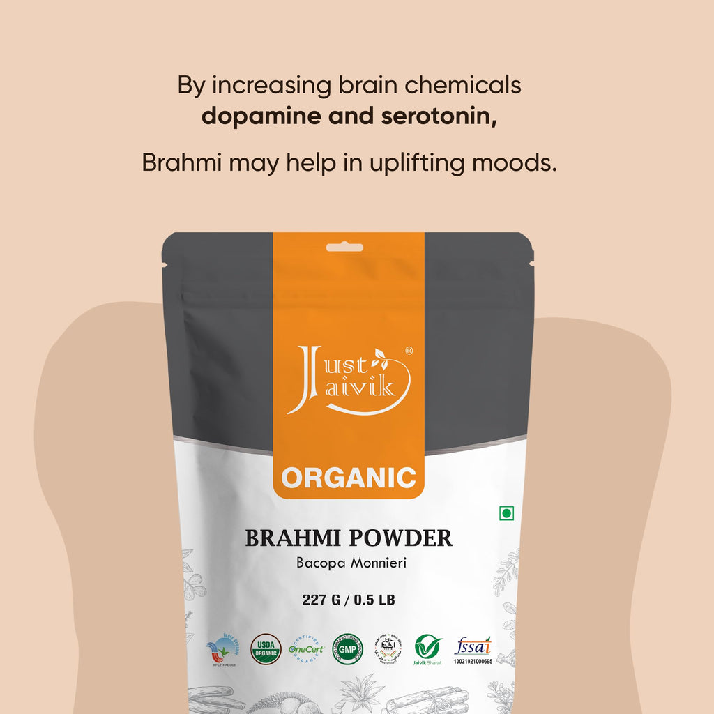 Just Jaivik 100% Organic Brahmi Powder Bacopa Monnieri- USDA Certified Organic, 227 GMS / 1/2 LB Pound / 08 Oz