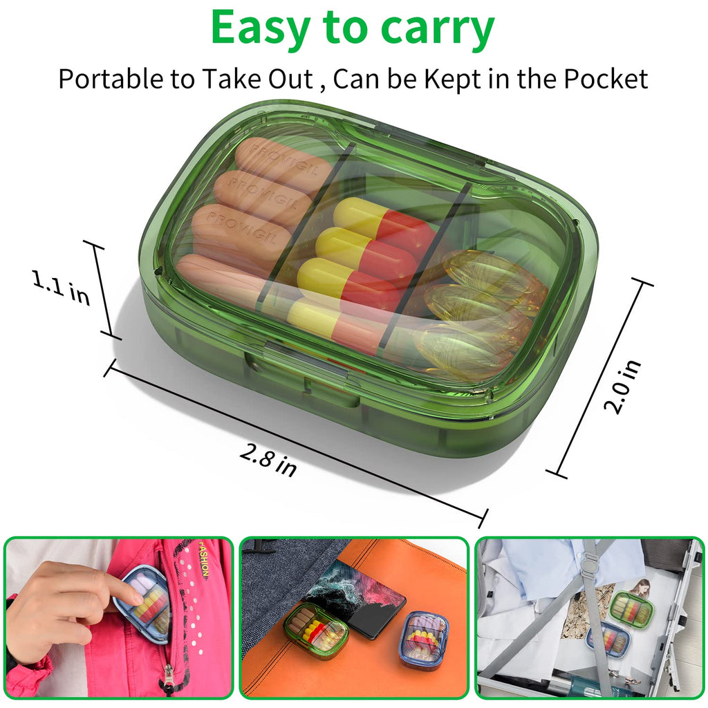 2 Pack 3 Compartment Small Pill Box, Moisture Proof Pill Case, Travel Pill Organizer for Pocket Purse, Daily Portable Medicine V