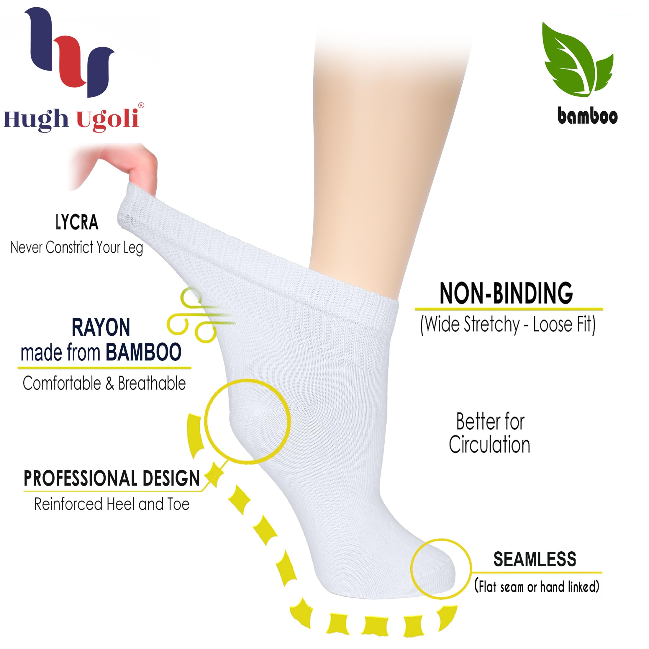 Hugh Ugoli Women's Rayon derived from Bamboo Ankle Loose Fit Diabetic Socks, Soft, Seamless Toe, Wide Stretchy, Non-Binding Top,