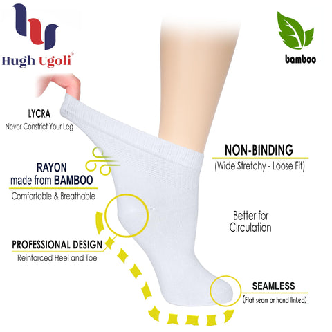 Hugh Ugoli Women's Rayon derived from Bamboo Ankle Loose Fit Diabetic Socks, Soft, Seamless Toe, Wide Stretchy, Non-Binding Top,