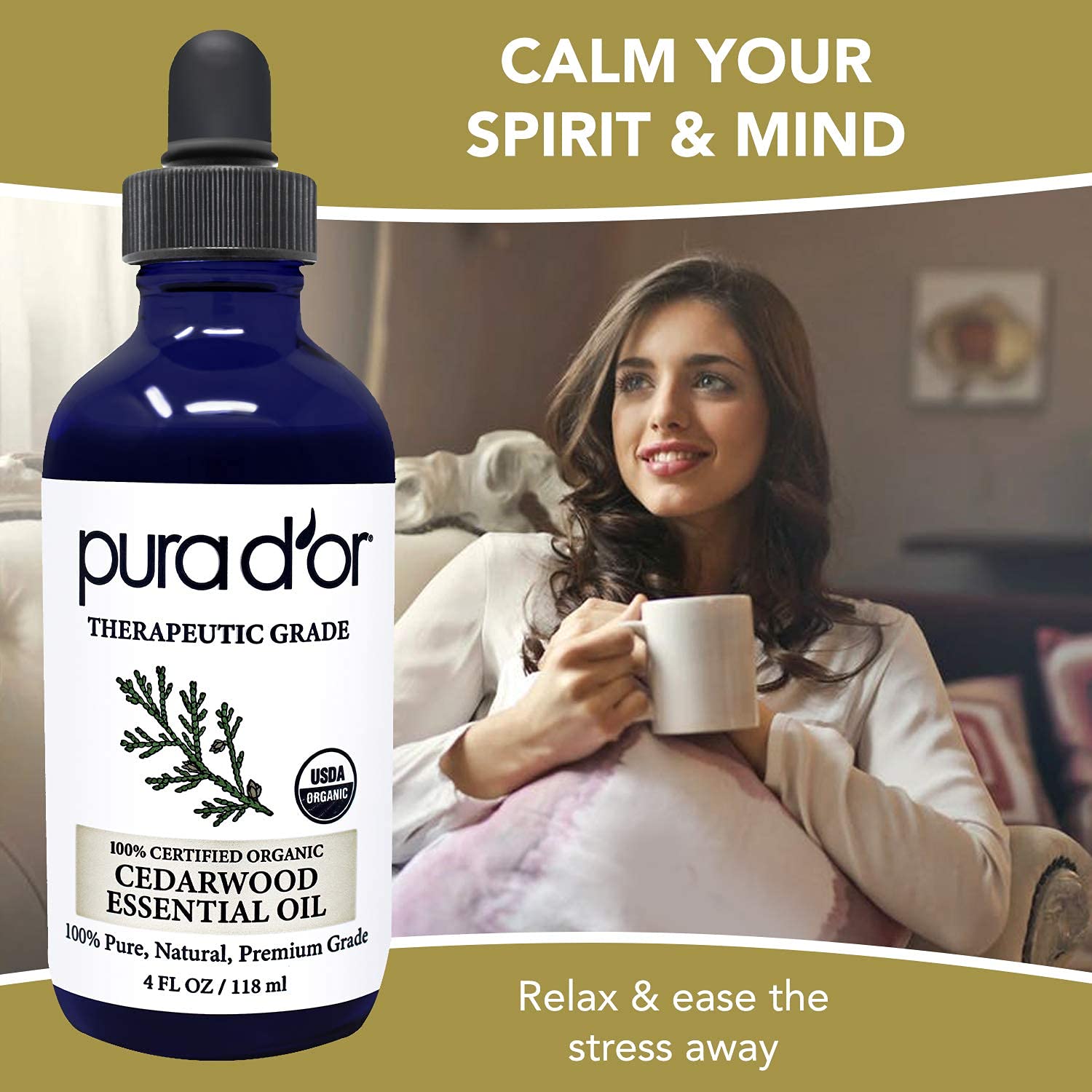 PURA DOR Organic Cedarwood Essential Oil (4oz with Glass Dropper) 100% Pure & Natural Therapeutic Grade for Hair, Body, Skin, A