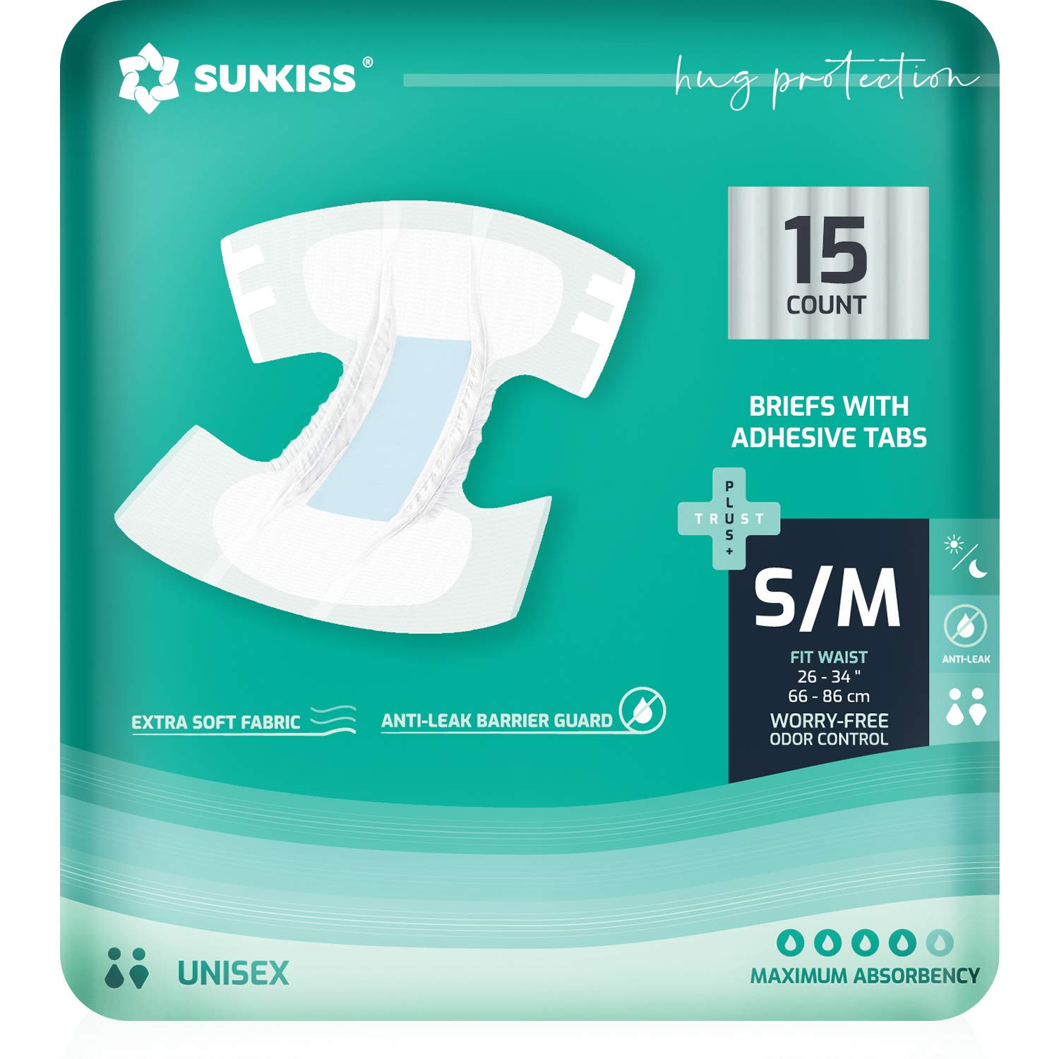 SUNKISS TrustPlus Adult Diapers with Maximum Absorbency, Unisex Disposable Incontinence Briefs with Tabs for Men and Women, Odor