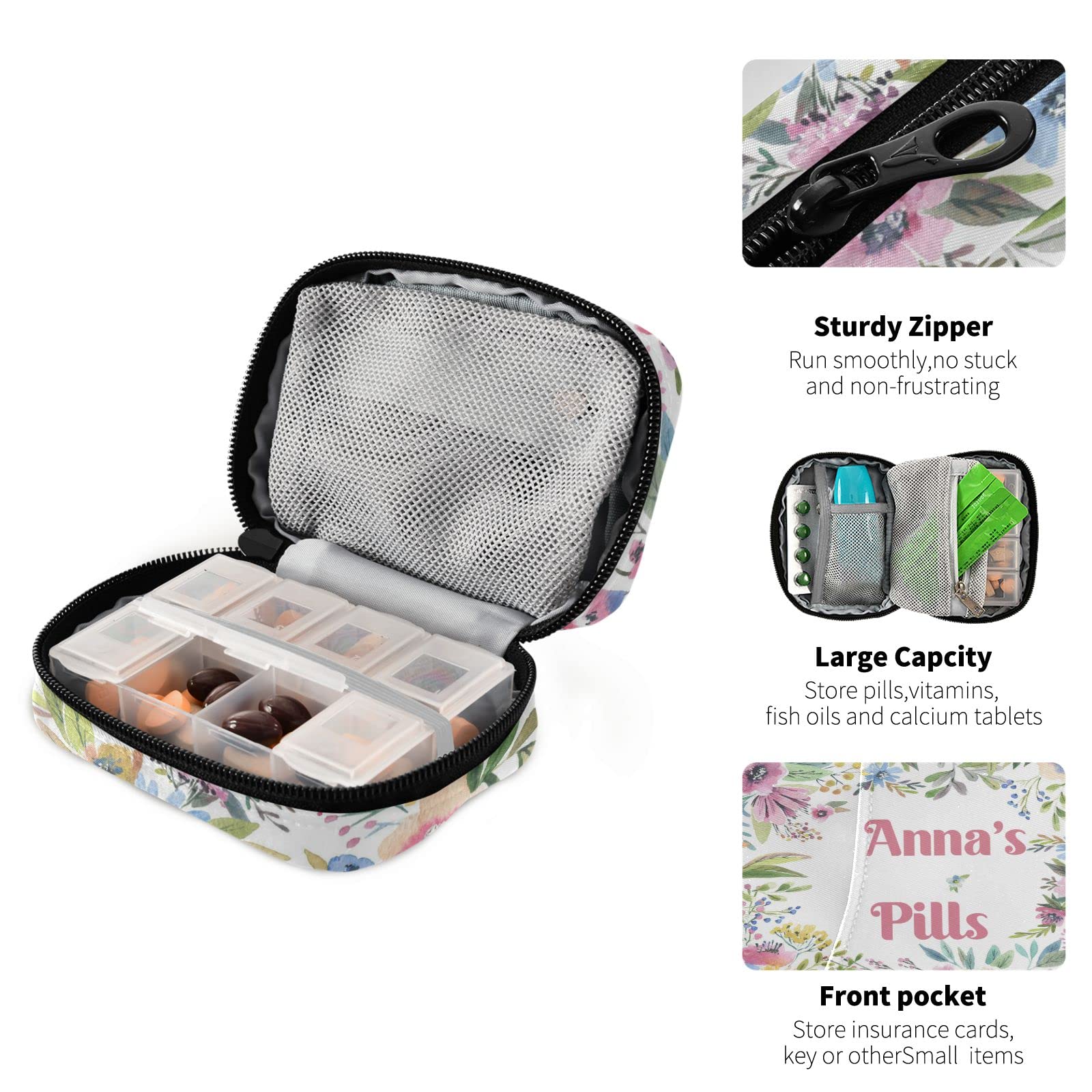 Custom Pill Box 7 Day Pill Case Bag Watercolor Flower Personalized Name Travel Pill Organizer Bag with Zipper Portable Weekly Ca