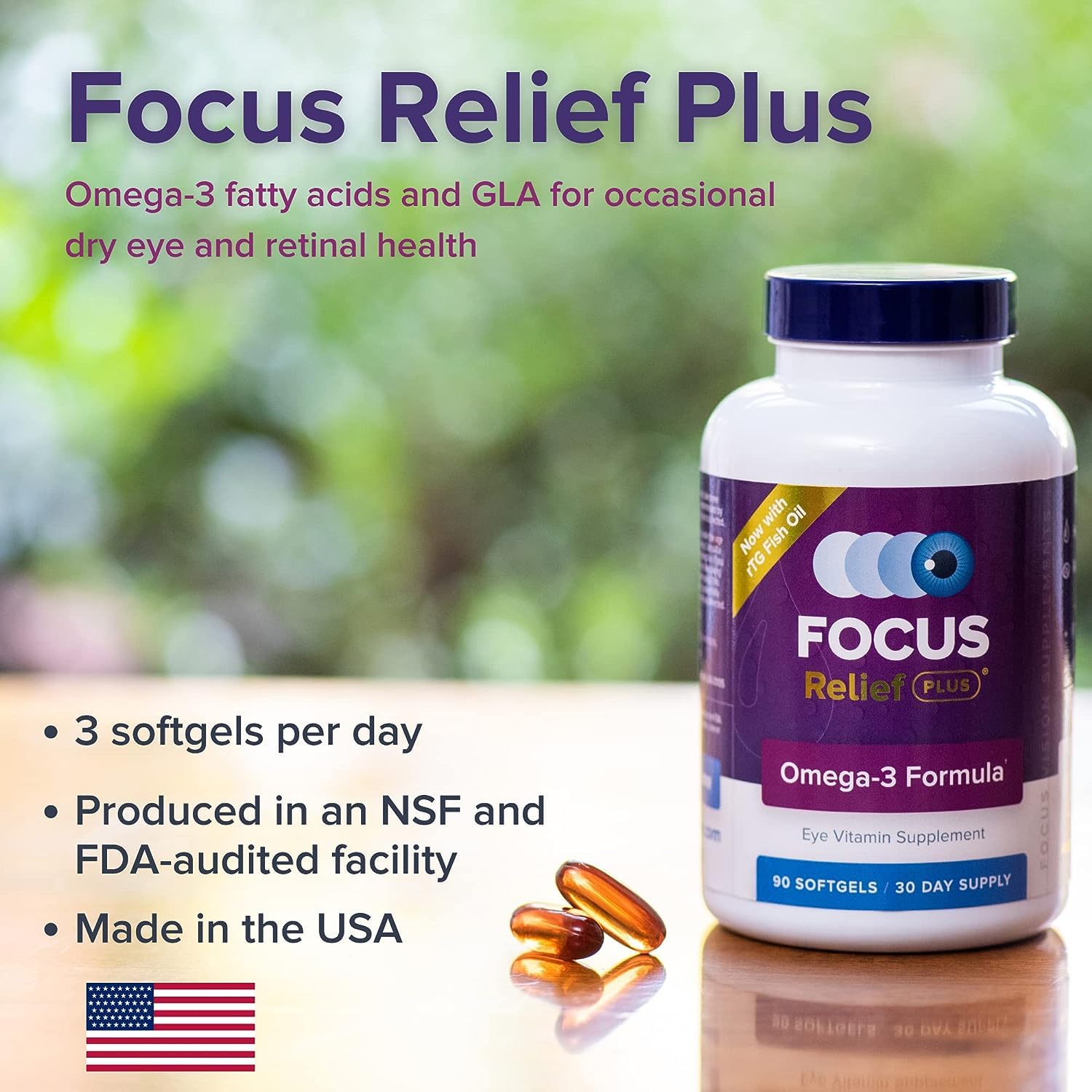 Focus Relief Plus Dry Eye Formula (270 ct. 90 Day Supply) Dry Eye Omega 3 Supplement - Dry Eye Relief Supplement - Omega 3 Fish
