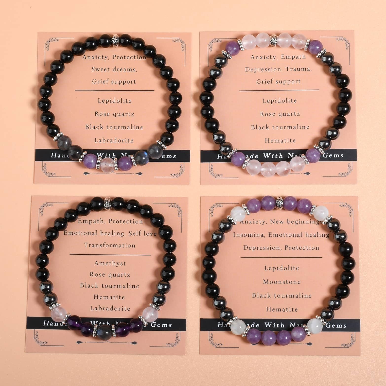 Gracayfr Anxiety Relief Bracelet Protection Black Tourmaline Labradorite Lepidolite Rose Quartz Healing Crystal Grief Support Gi