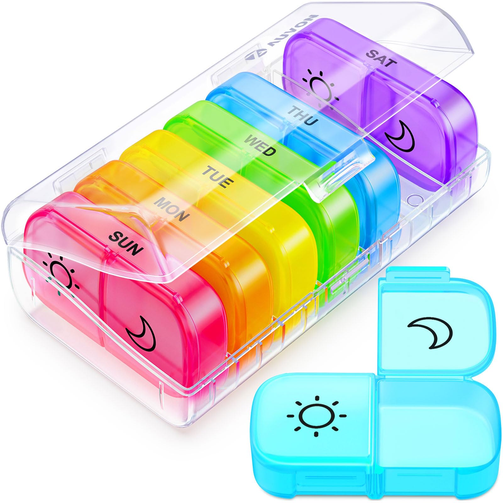 AUVON XL Weekly Pill Organizer 2 Times a Day with Large Opening for Easy Filling, AM PM Pill Box 7 Day in Rainbow Colors, Portab