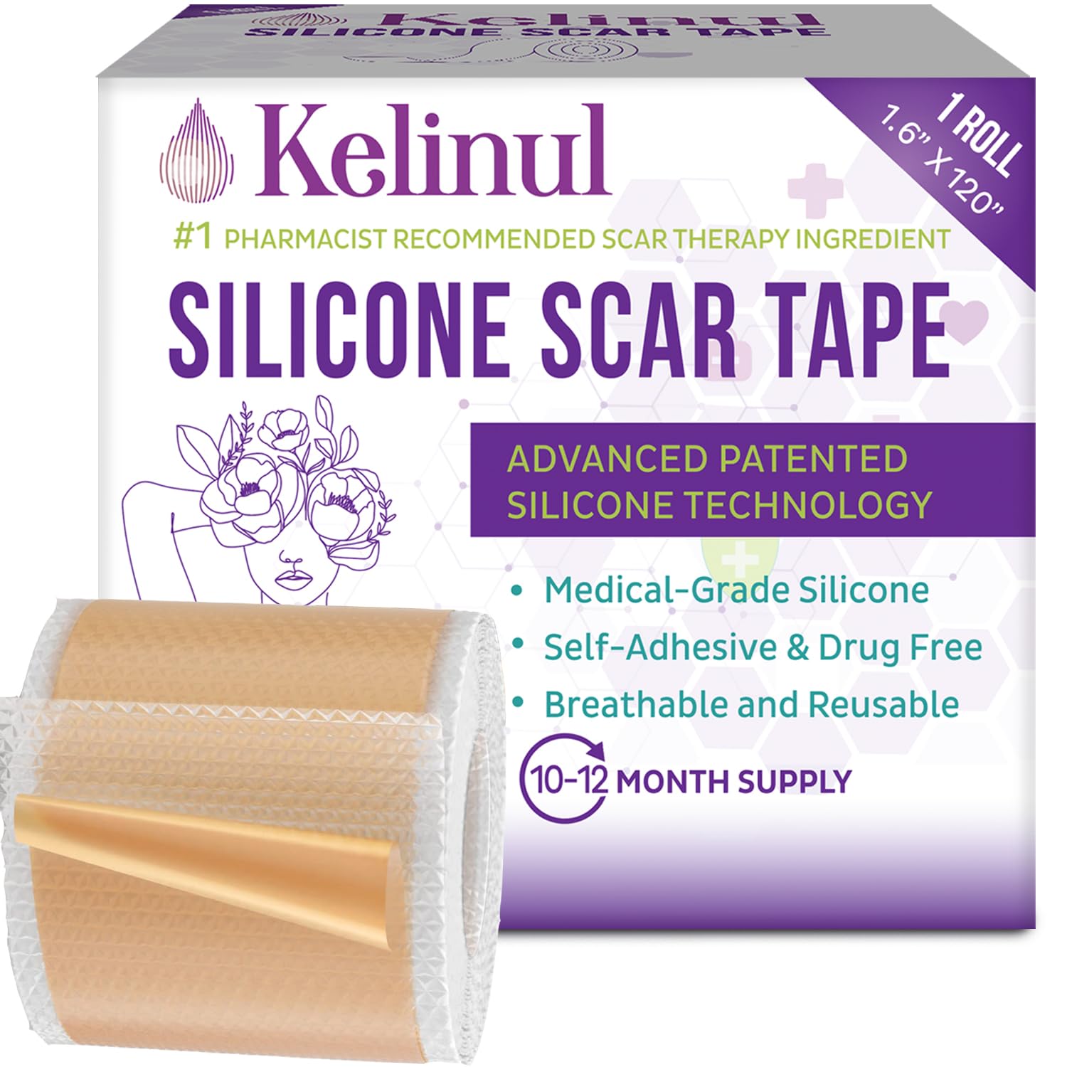 Kelinul Silicone Scar Sheets(1.6 x 120''Roll) Scar Removal Silicone Scar Tape for Softening and Flattening Scars, Acne, C-Sectio