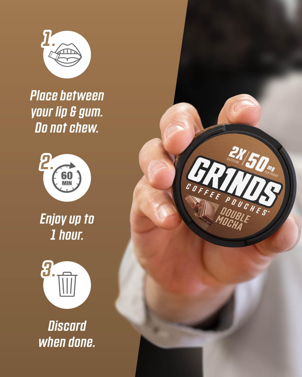 Grinds Coffee Pouches | Tobacco Free, Nicotine Free Healthy Alternative | 6 Cans of Double Mocha | 18 Pouches Per Can | 1 Pouch