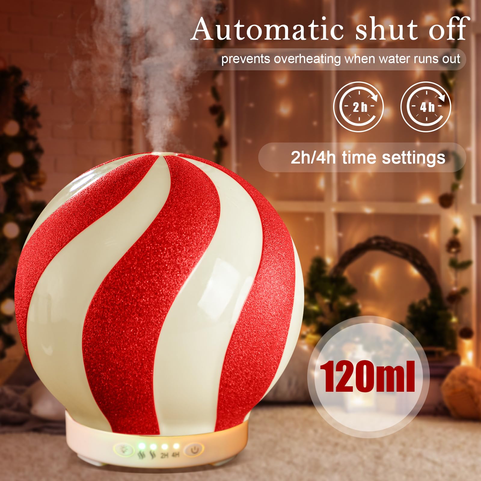 Rossesay Christmas Essential Oil Diffuser, 120ml Cute Ceramic Candy Cane Aromatherapy Humidifier, Holiday Xmas Home Table Decor