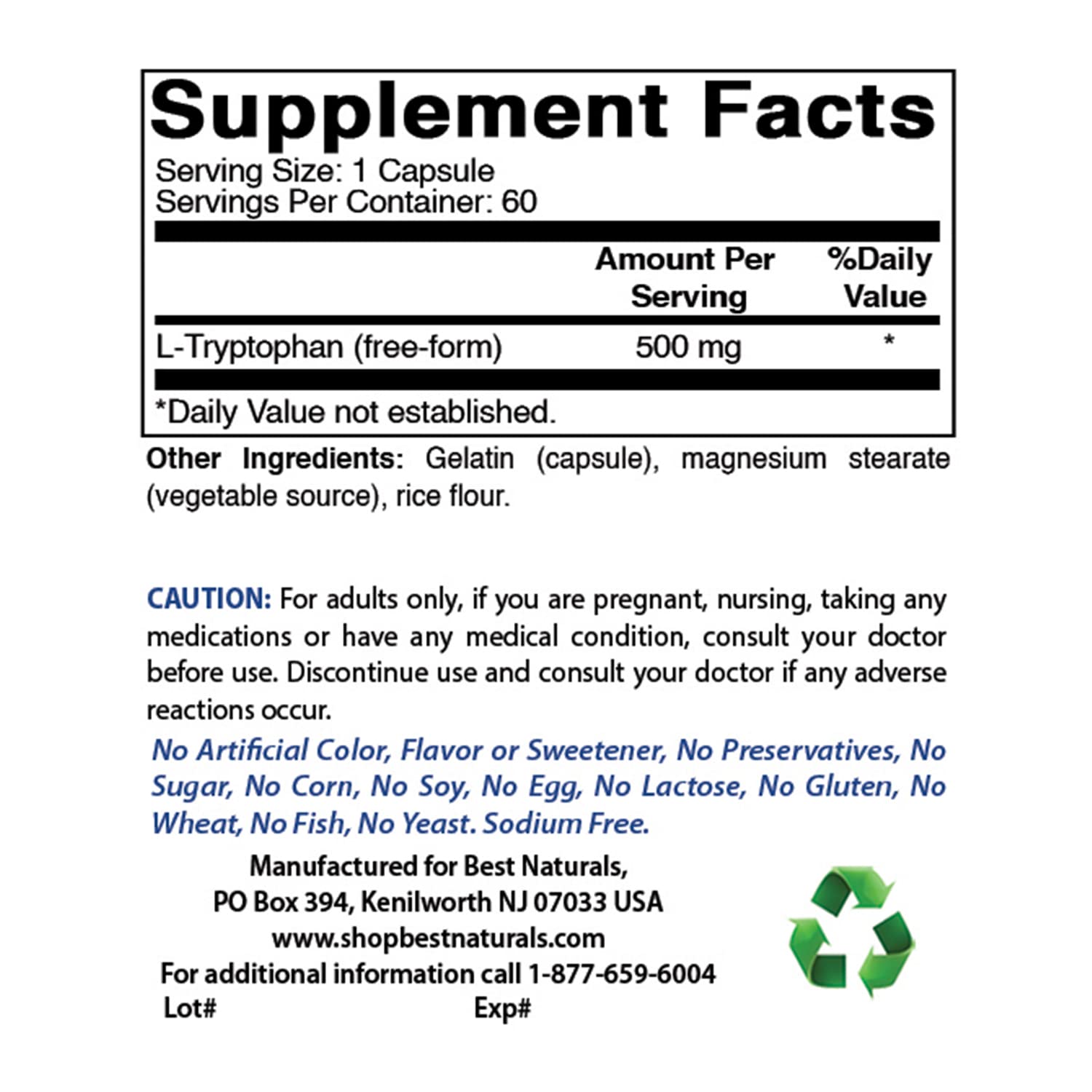 Best Naturals L-Tryptophan 500 mg 60 Capsules (60 Count (Pack of 3))