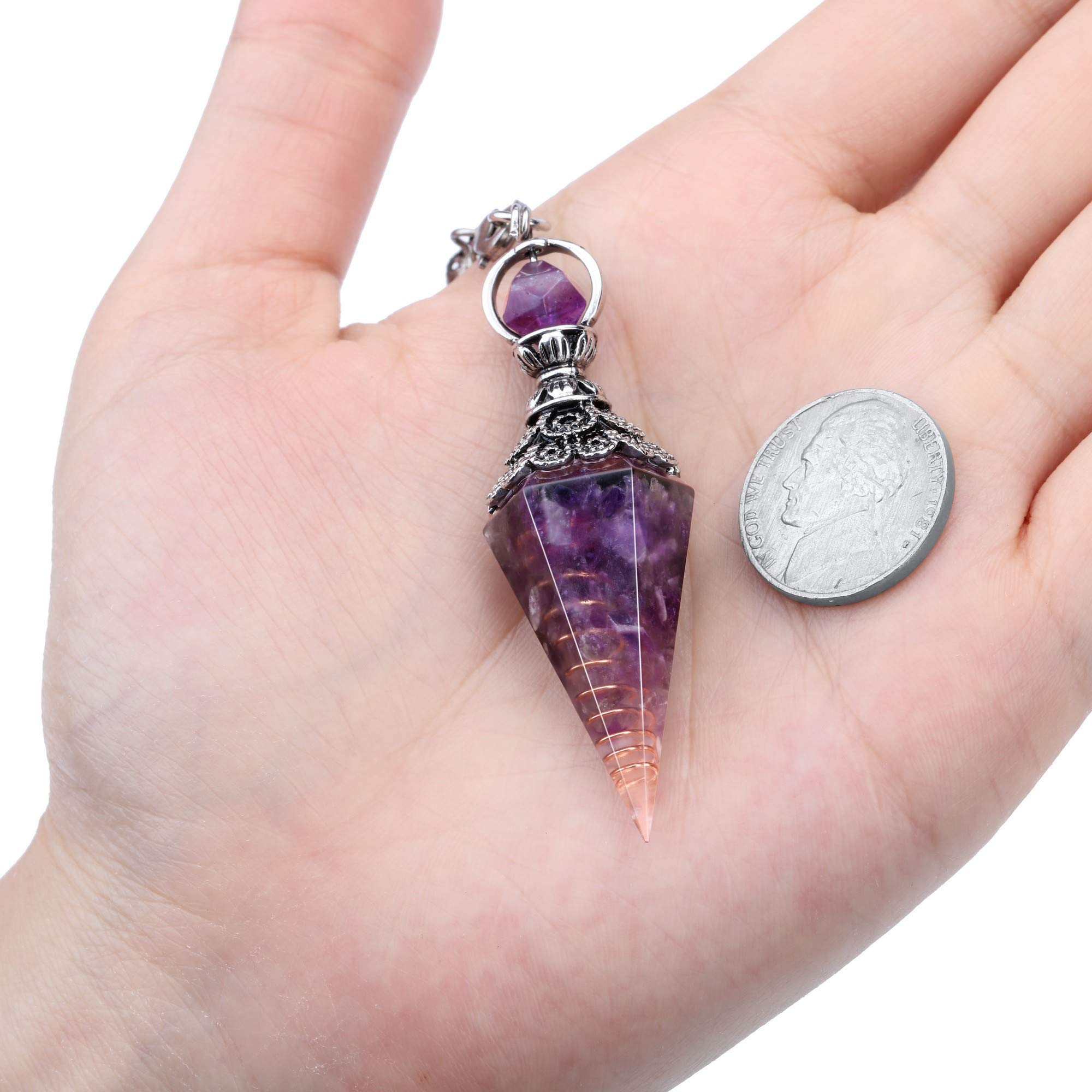 GEHECRST Natural Amethyst Healing Crystal Dowsing Pendulum Reiki Gemstone Chips Orgone Pendulum 6 Faceted Hexagonal Pointed Resi