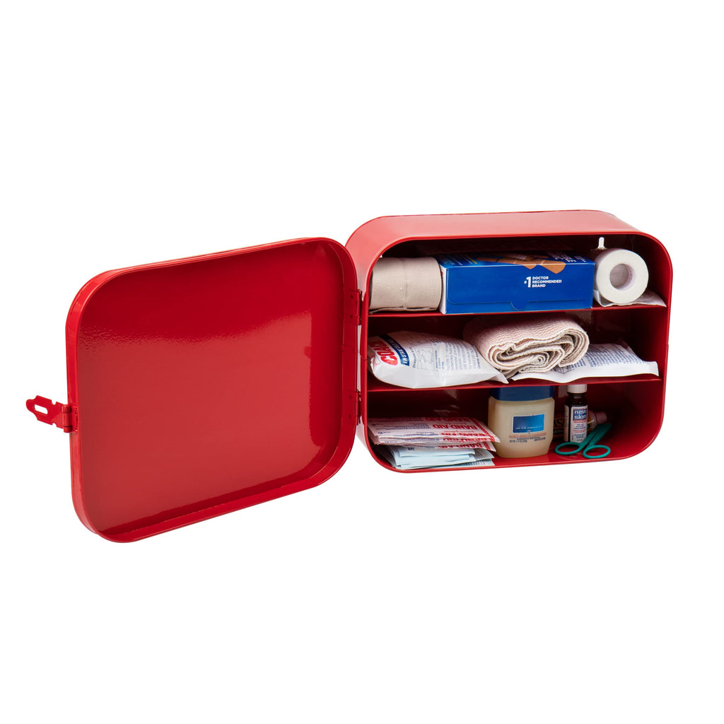 Mind Reader First Aid Box, Emergency Kit, Medical Supply Organizer, Wall Mountable, Metal, 12.25 L x 9.25 W x 4.25 H, Red