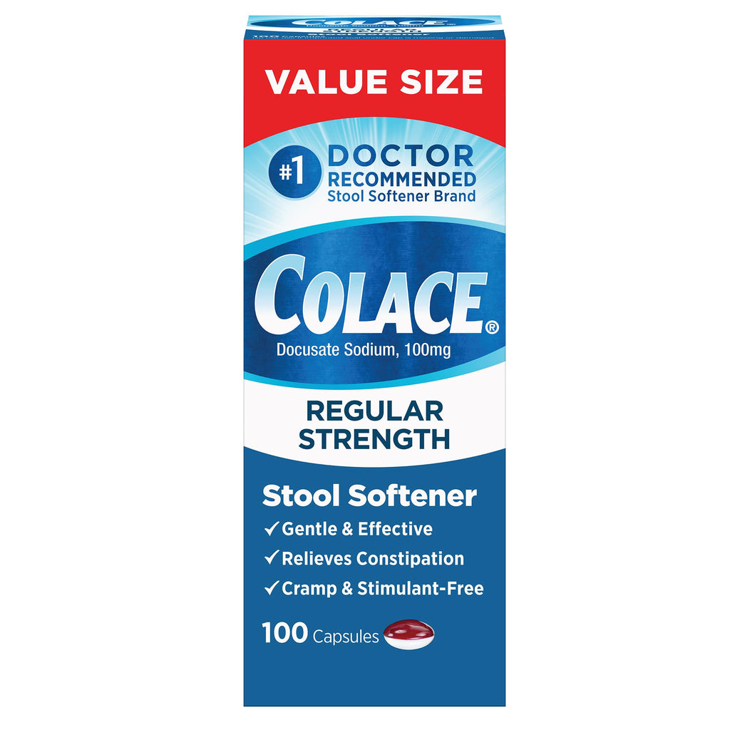 Colace Regular Strength Stool Softener 100 mg Capsules 100 Count Docusate Sodium Stimulant-Free for Gentle, Dependable Occasiona