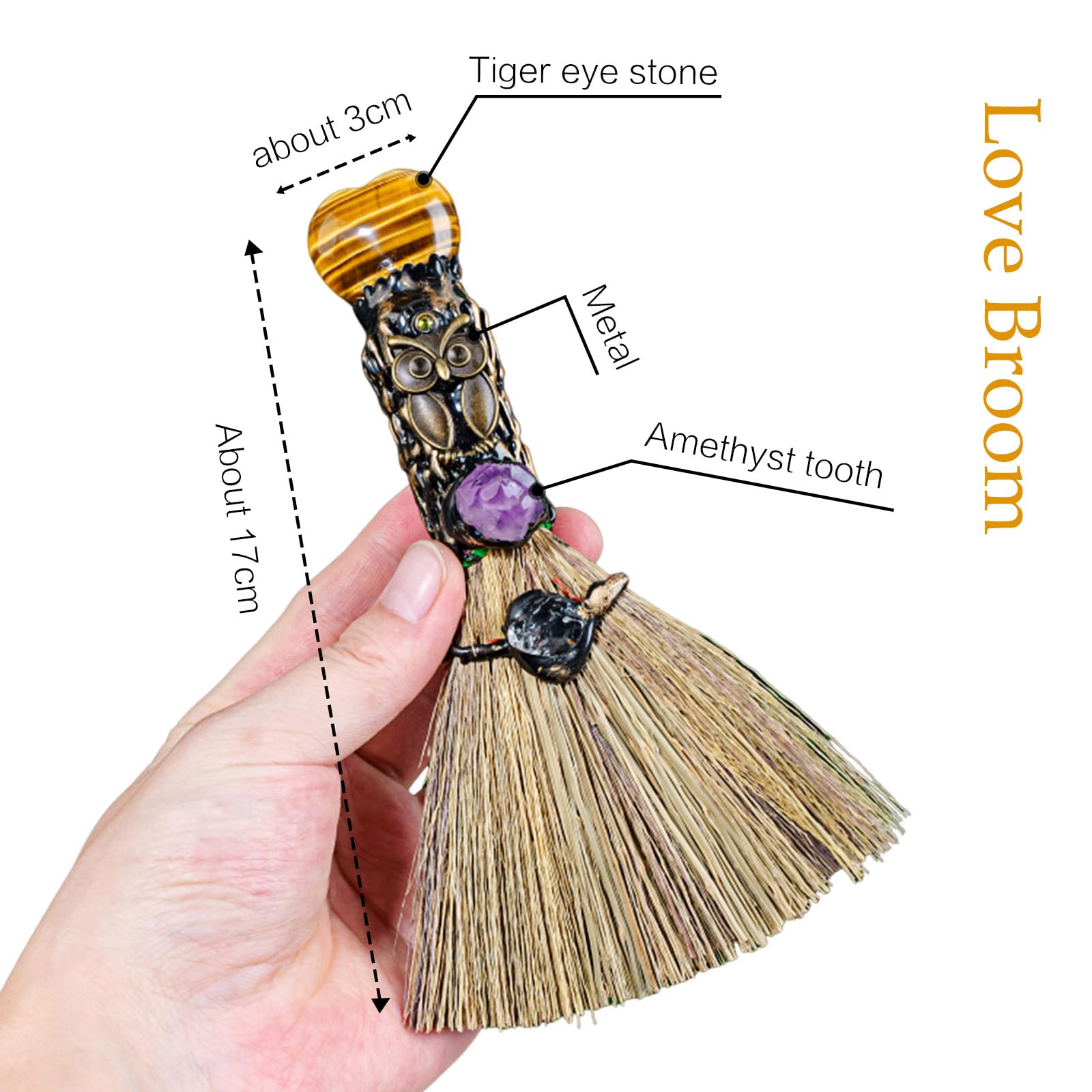 Witch Cinnamon Broom Tiger's Eye Magic Broom - Natural Healing Crystal Witch Broom for Reiki Cleansing Handmade Home & Office De