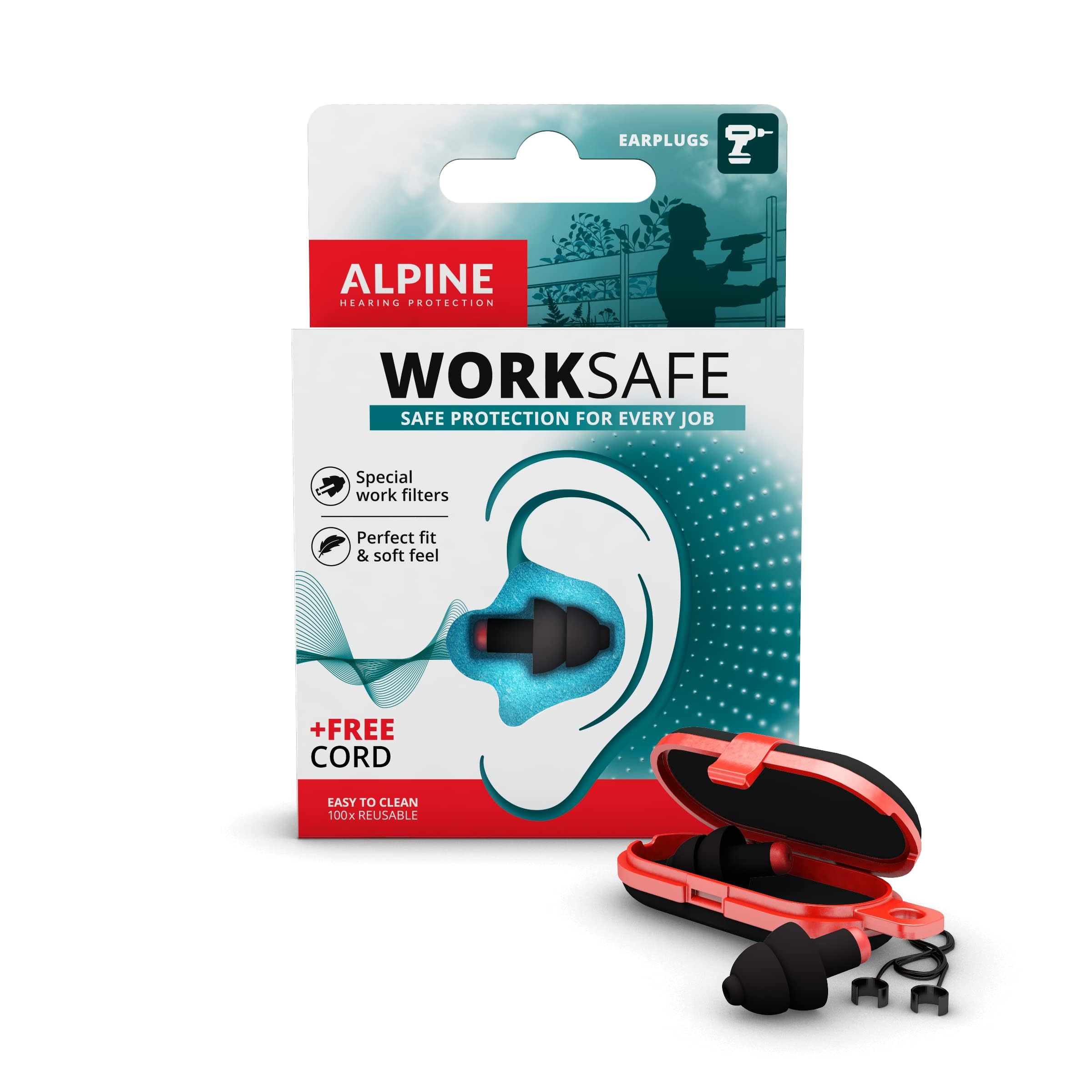 Alpine WorkSafe Construction Earplugs for Adult - Reusable Ear Protection for Work & DIY - Comfortable Hypoallergenic Filter for