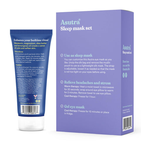 ASUTRA Dream Sleep Bundle - Purple Silk Eye Pillow Box Set and Dream The Night Away Lotion with Magnesium and Melatonin