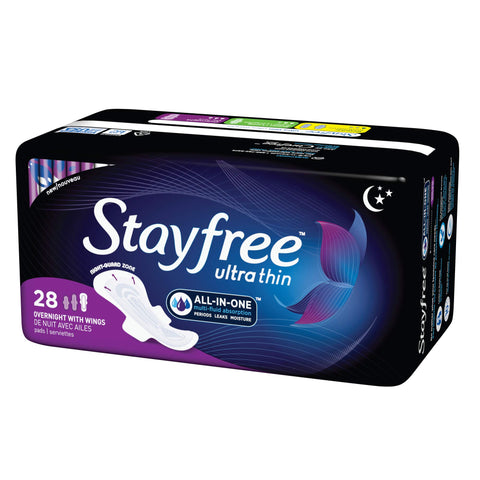 Stayfree Ultra Thin Overnight Pads with Wings, For Women, Reliable Protection and Absorbency of Feminine Moisture, Leaks and Per