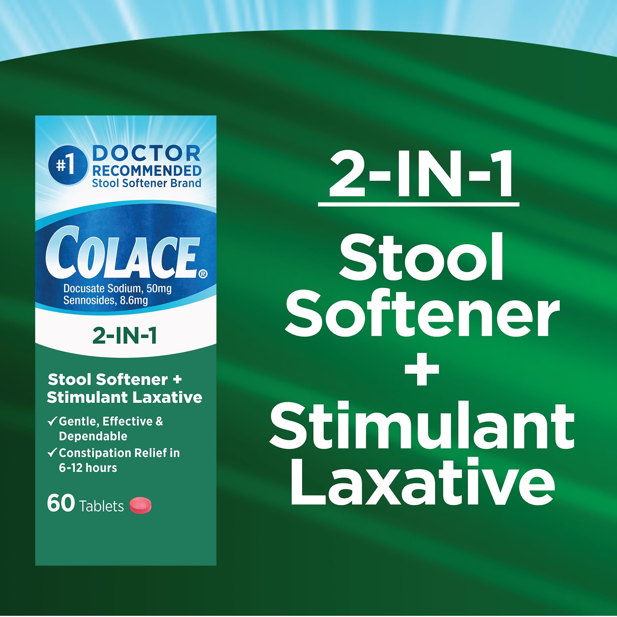 Colace 2-In-1 Stool Softener Plus Stimulant Laxative for Gentle Effective Constipation Relief, Docusate Sodium Plus Sennosides,